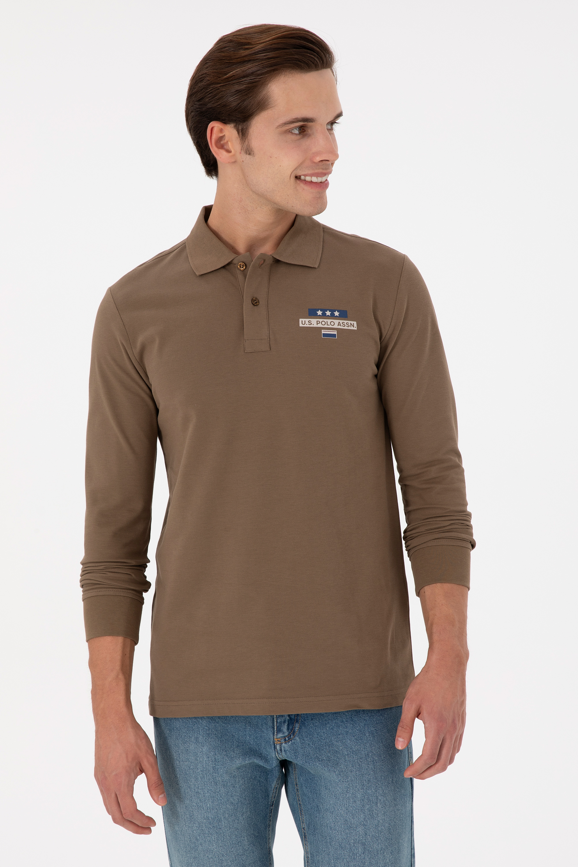 سویشرت یقه پیراهنی خاکی رگولار آستین بلند مردانه یو اس پولو | US POLO ASSN