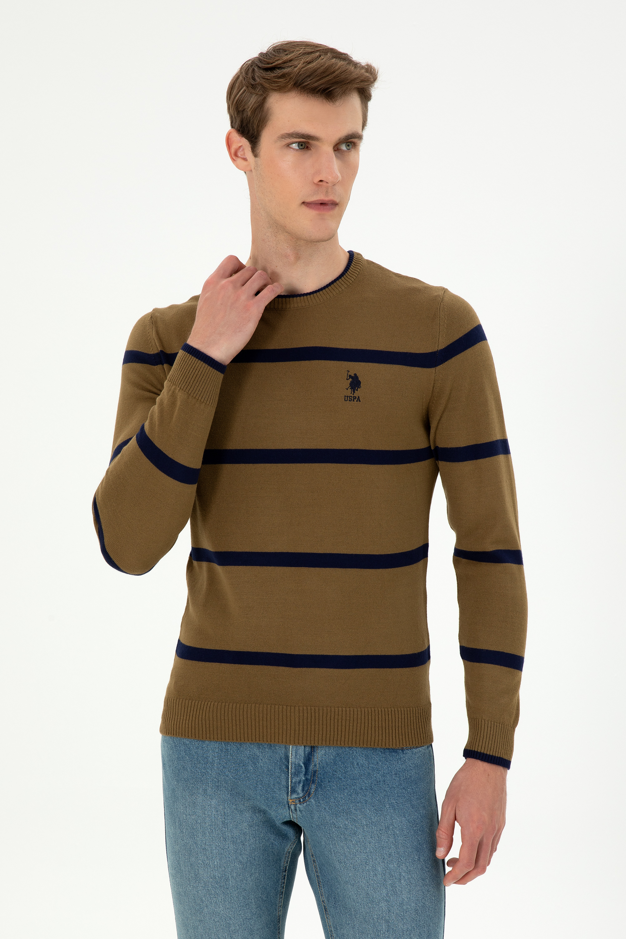 بافت یقه گرد خاکی اندامی مردانه یو اس پولو | US POLO ASSN