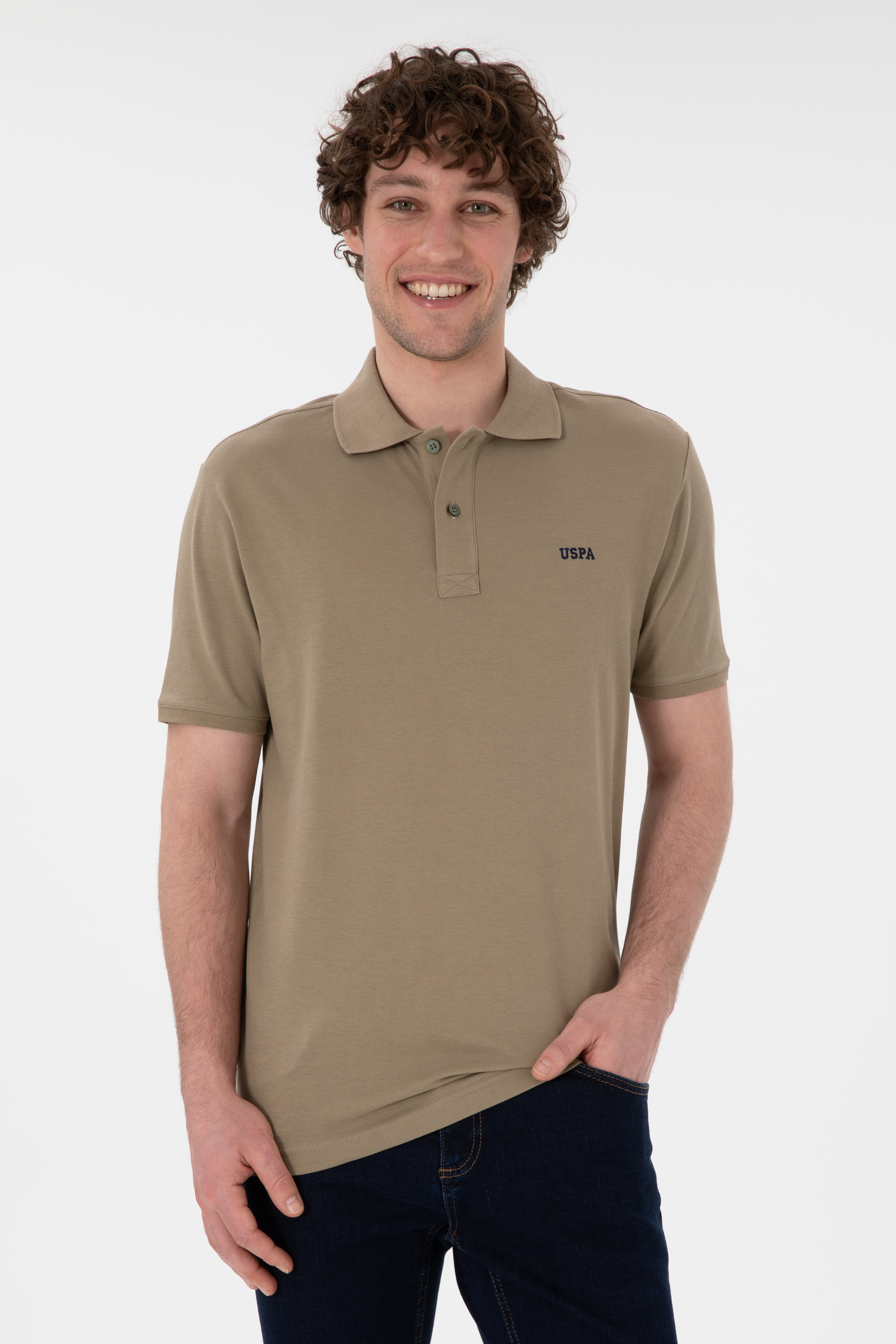 تی شرت بیسیک یقه پولو خاکی رگولار مردانه یو اس پولو | US POLO ASSN
