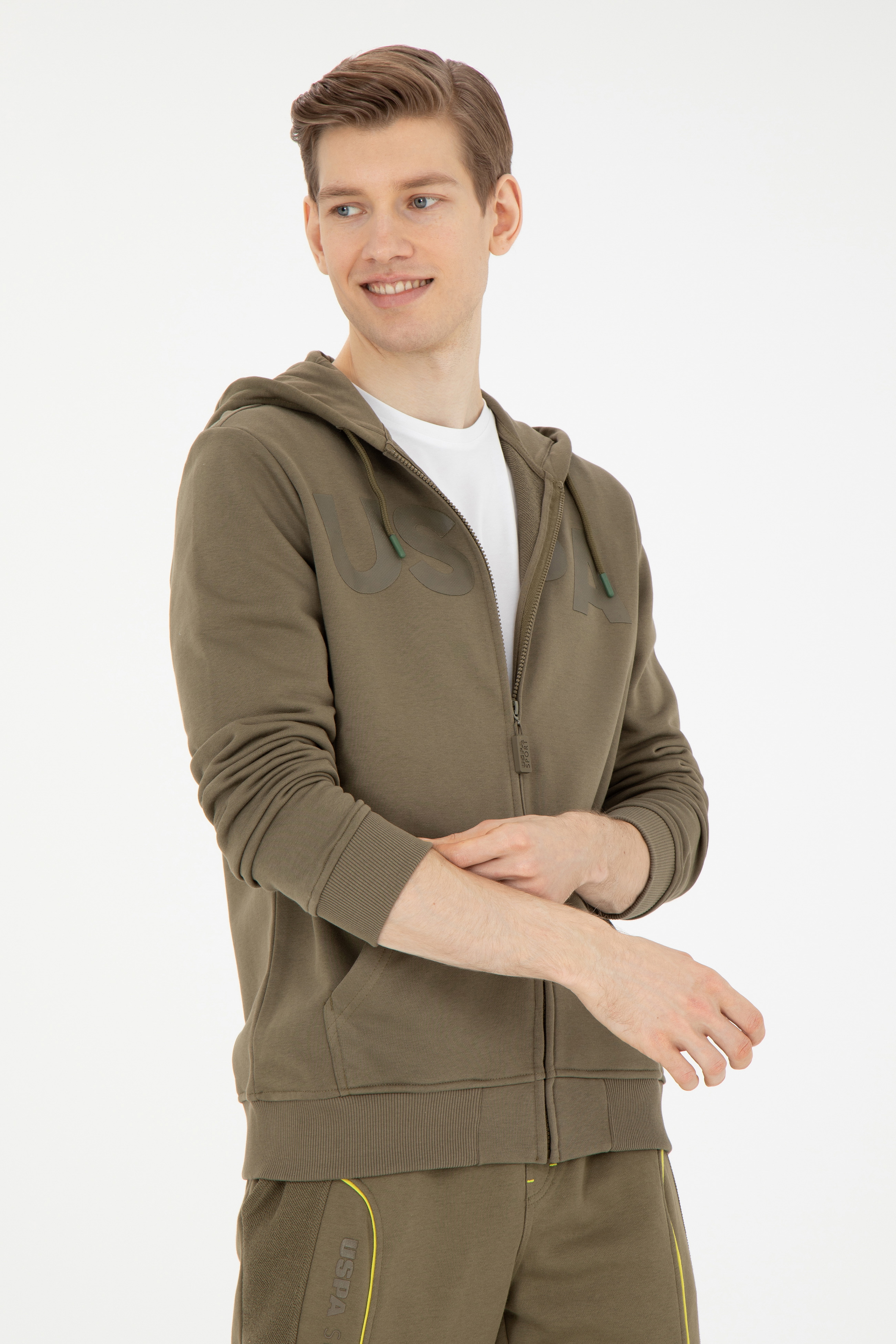 ژاکت هودی خاکی رگولار آستین بلند مردانه یو اس پولو | US POLO ASSN