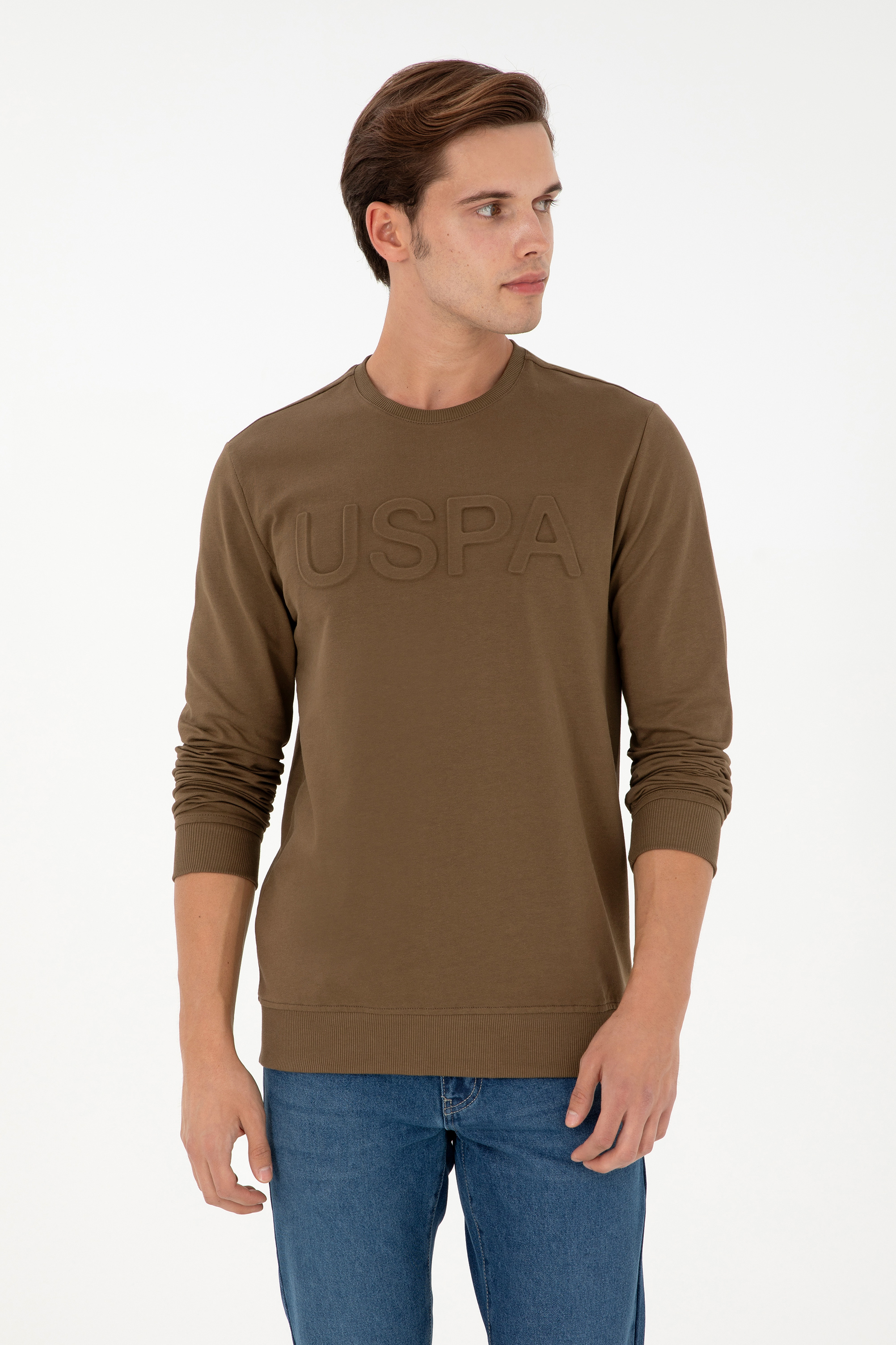 سویشرت بیسیک یقه گرد خاکی رگولار مردانه یو اس پولو | US POLO ASSN