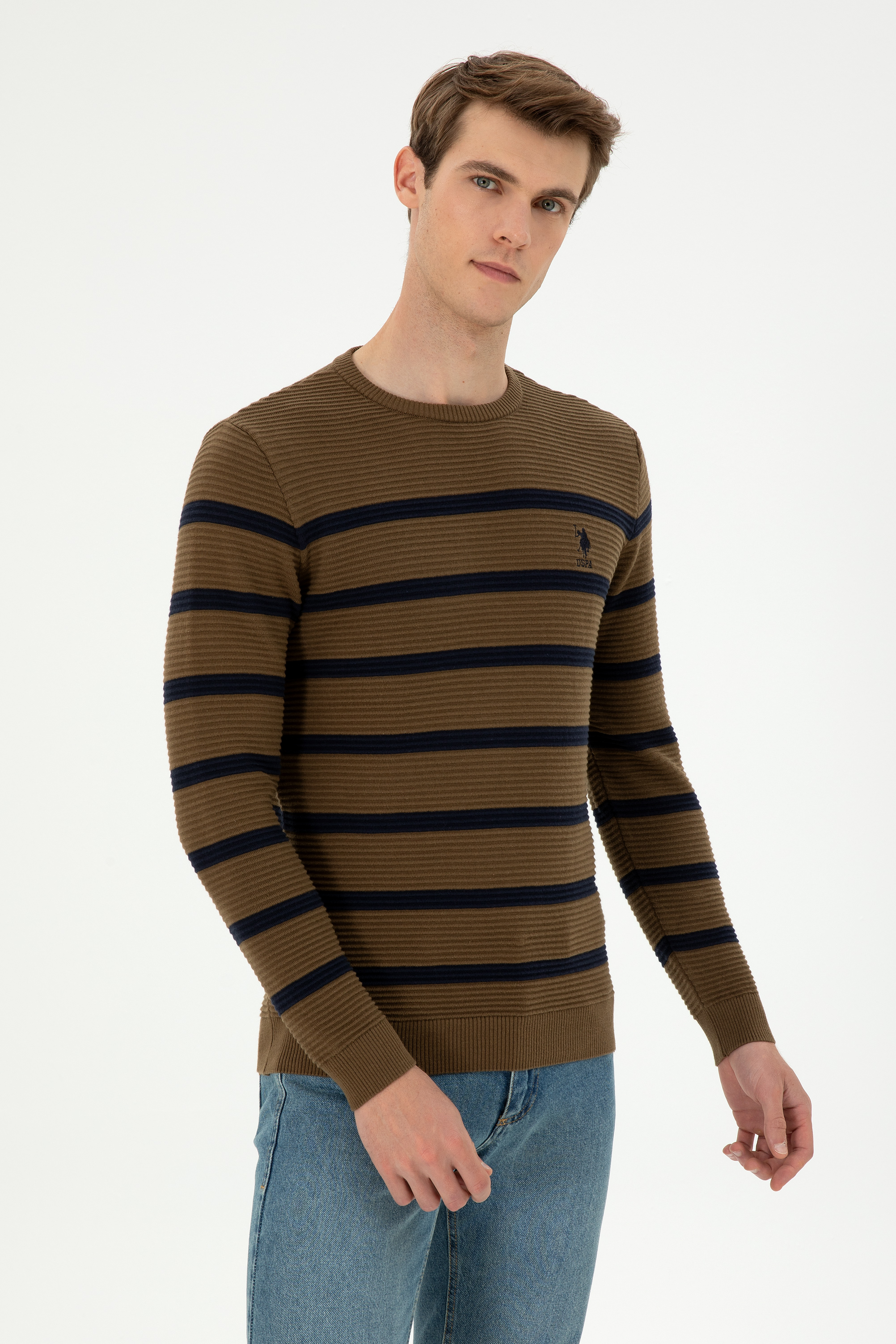 بافت یقه گرد خاکی اندامی آستین بلند مردانه یو اس پولو | US POLO ASSN