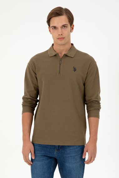سویشرت یقه ایستاده خاکی  ریلکس آستین بلند مردانه یو اس پولو | US POLO ASSN