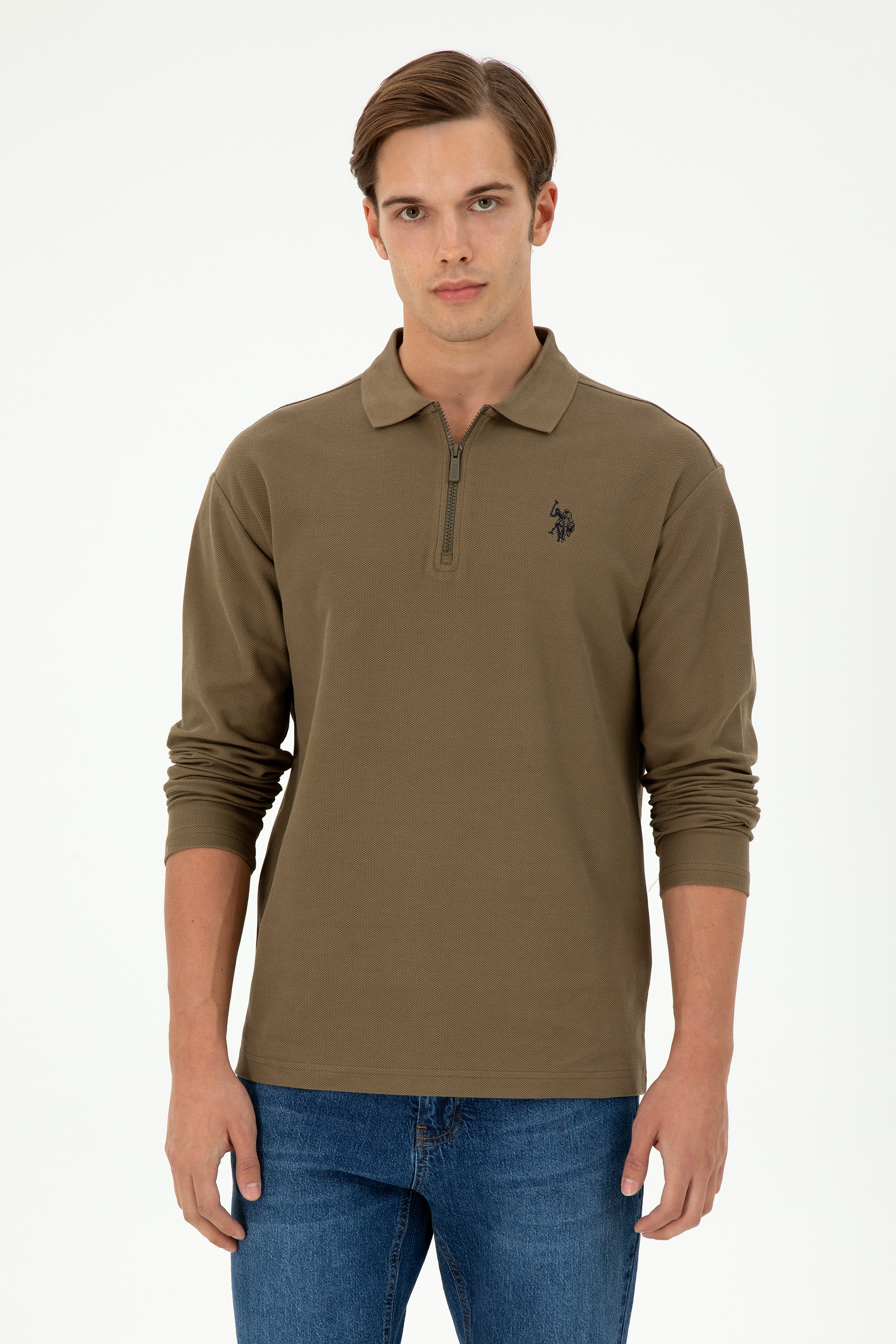 سویشرت یقه ایستاده خاکی ریلکس آستین بلند مردانه یو اس پولو | US POLO ASSN