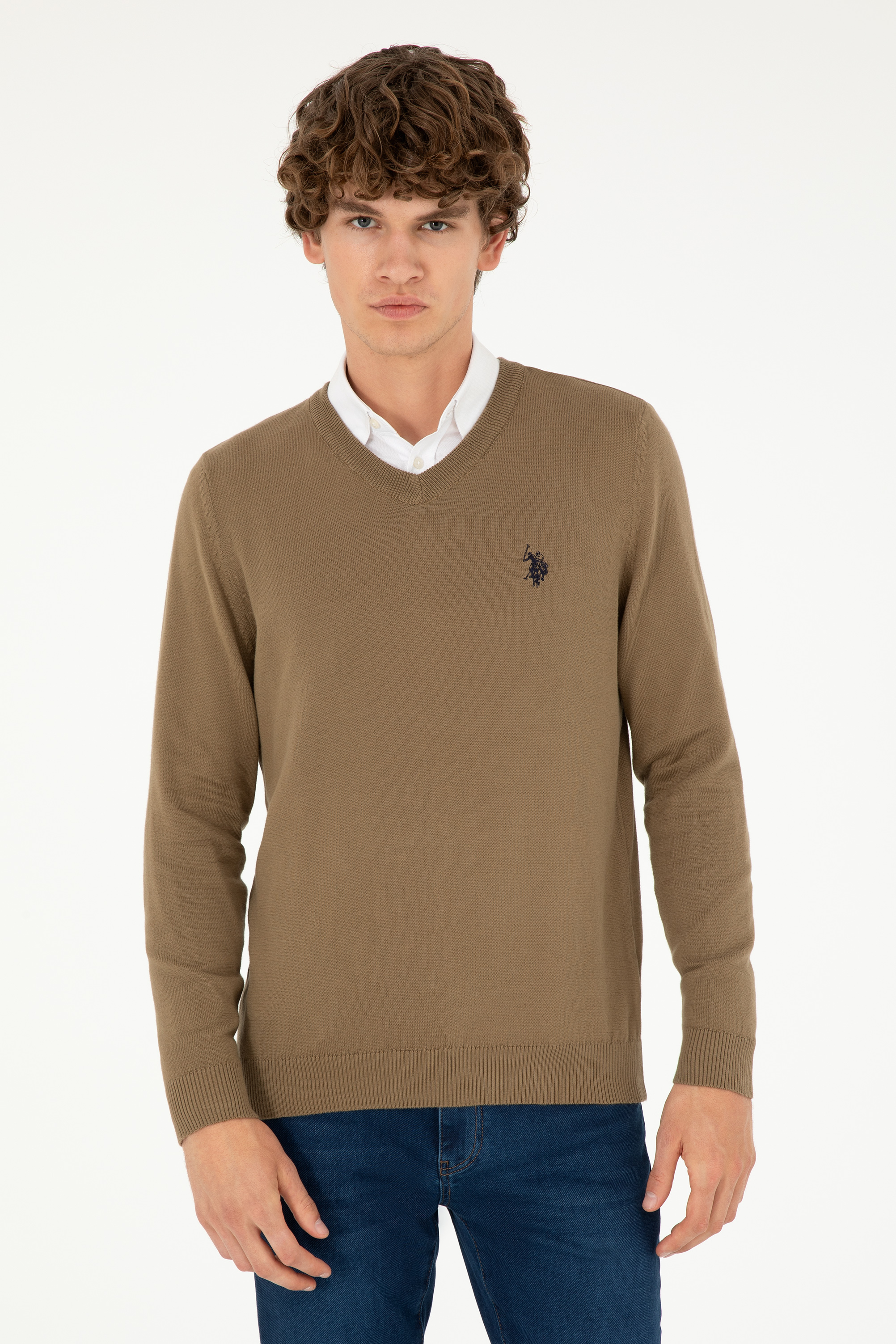 بافت بیسیک یقه هفت خاکی اندامی مردانه یو اس پولو | US POLO ASSN