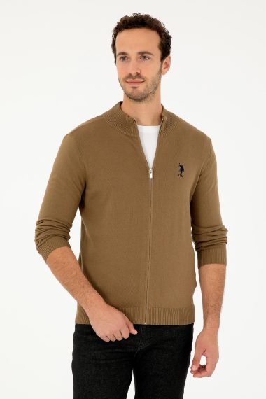 ژاکت تریکو بیسیک یقه اسکی خاکی  اندامی آستین بلند مردانه یو اس پولو | US POLO ASSN