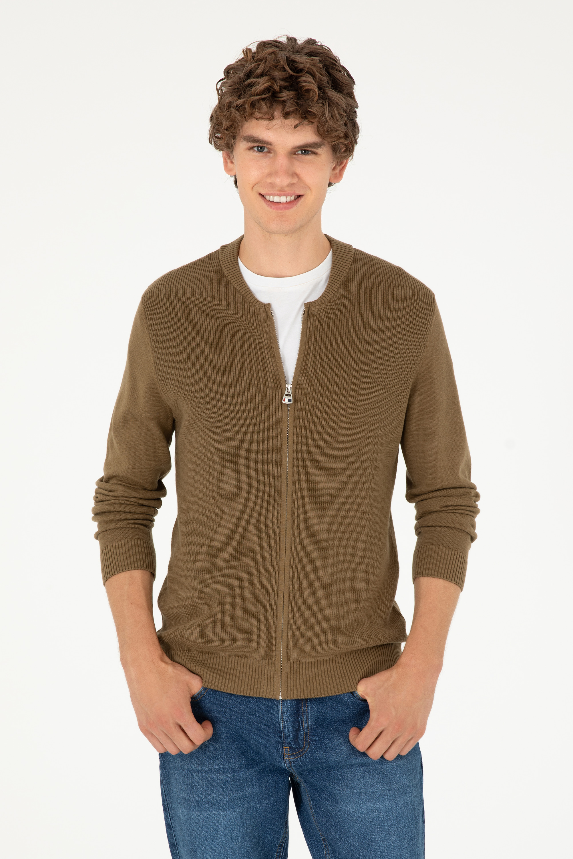 ژاکت تریکو بیسیک خاکی رگولار مردانه یو اس پولو | US POLO ASSN