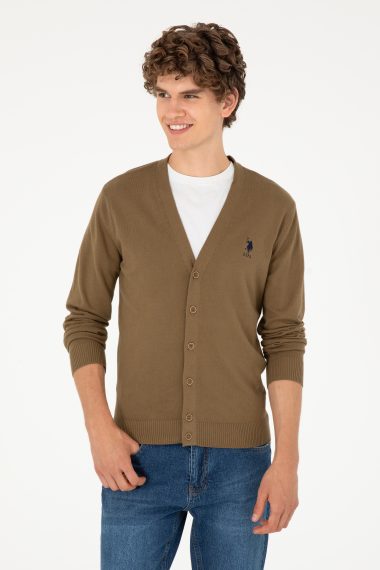 ژاکت تریکو بیسیک یقه هفت خاکی  رگولار آستین بلند مردانه یو اس پولو | US POLO ASSN