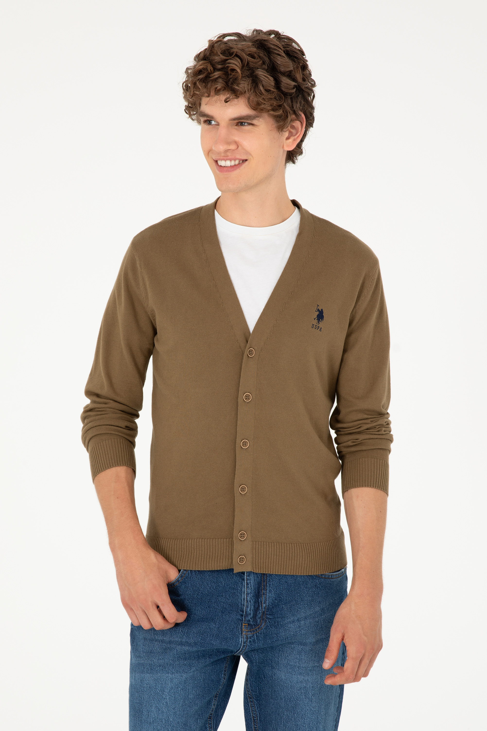 ژاکت تریکو بیسیک یقه هفت خاکی رگولار آستین بلند مردانه یو اس پولو | US POLO ASSN