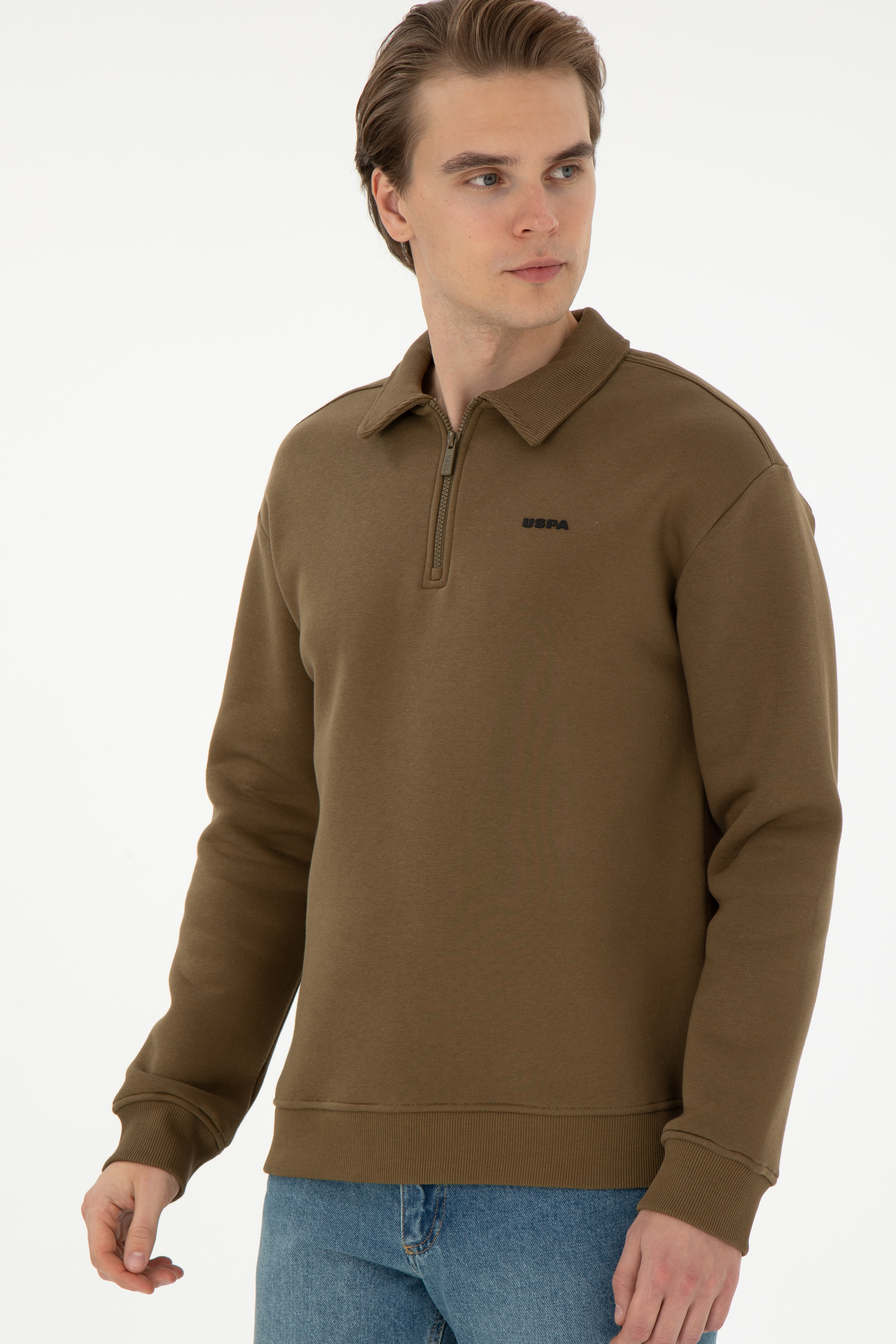 سویشرت بیسیک یقه پولو خاکی ریلکس مردانه یو اس پولو | US POLO ASSN