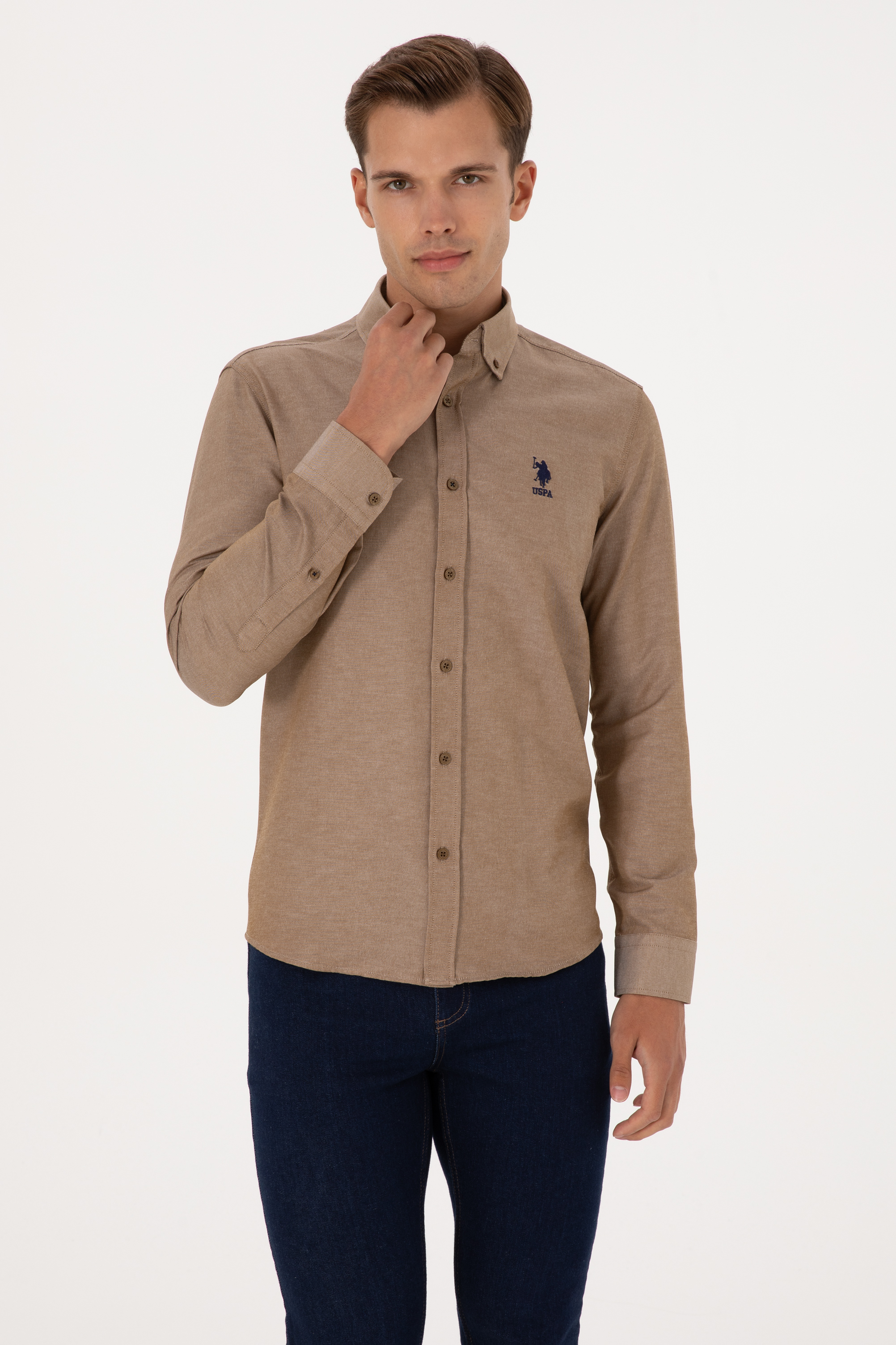پیراهن خاکی اندامی مردانه یو اس پولو | US POLO ASSN