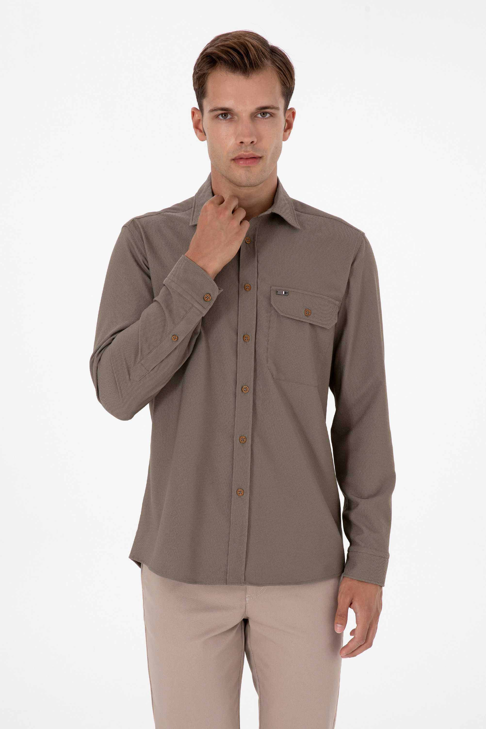 پیراهن خاکی رگولار مردانه یو اس پولو | US POLO ASSN