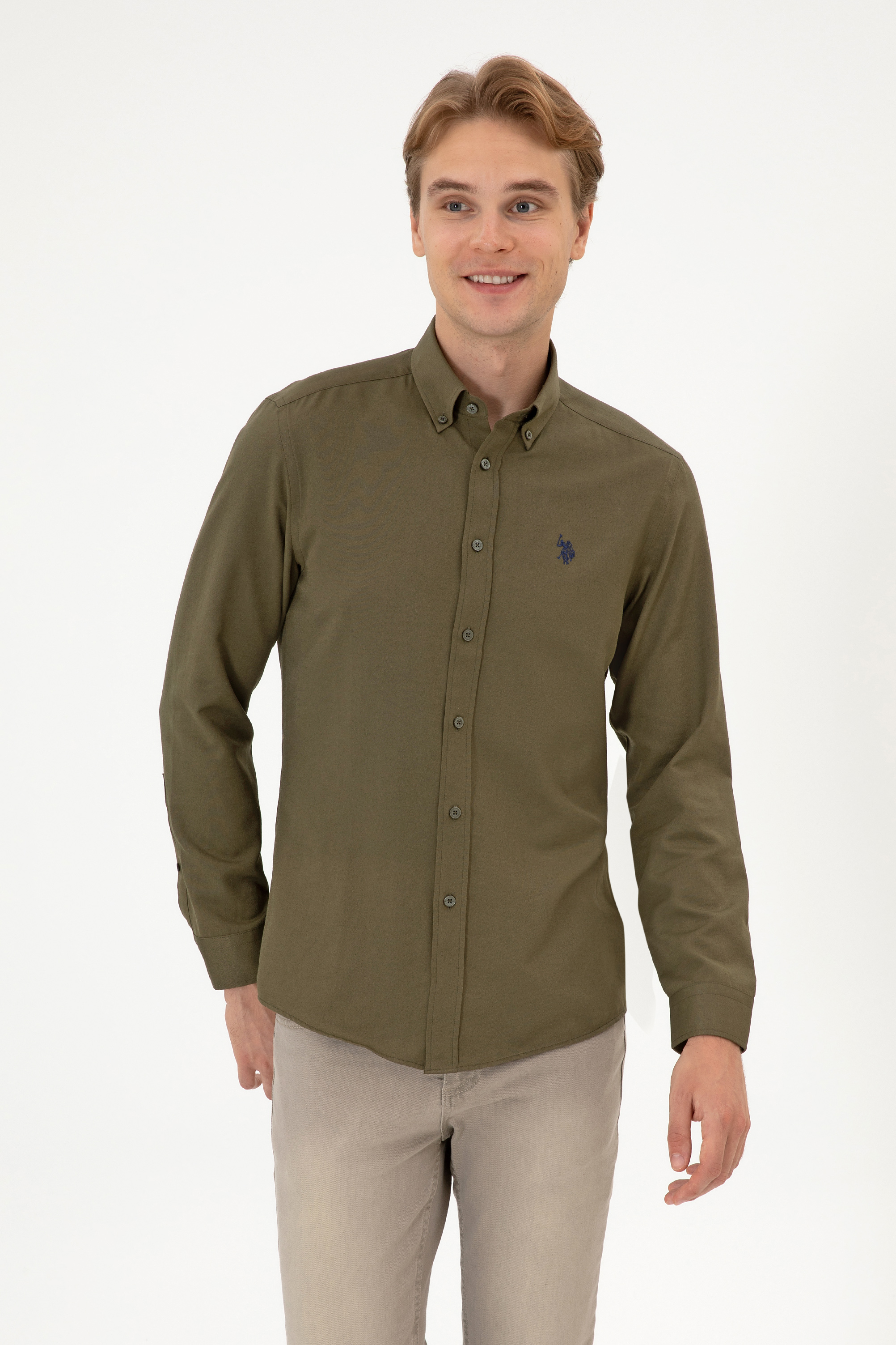 پیراهن خاکی اندامی مردانه یو اس پولو | US POLO ASSN
