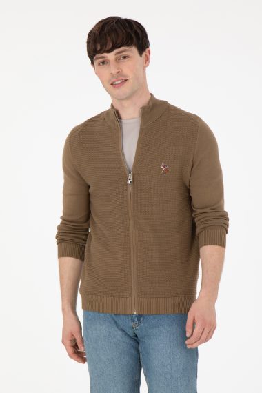ژاکت تریکو بیسیک یقه ایستاده خاکی  اندامی آستین بلند مردانه یو اس پولو | US POLO ASSN