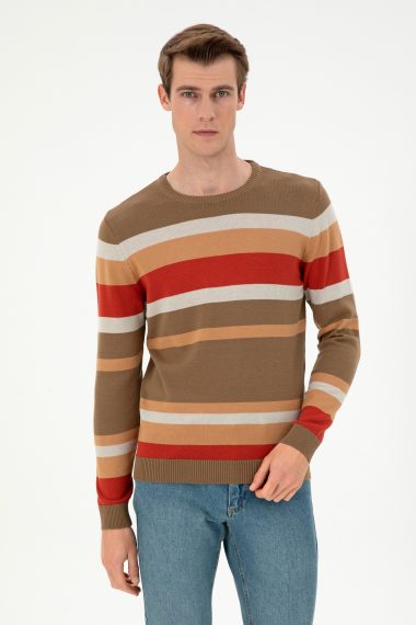 بافت یقه گرد خاکی  رگولار آستین بلند مردانه یو اس پولو | US POLO ASSN