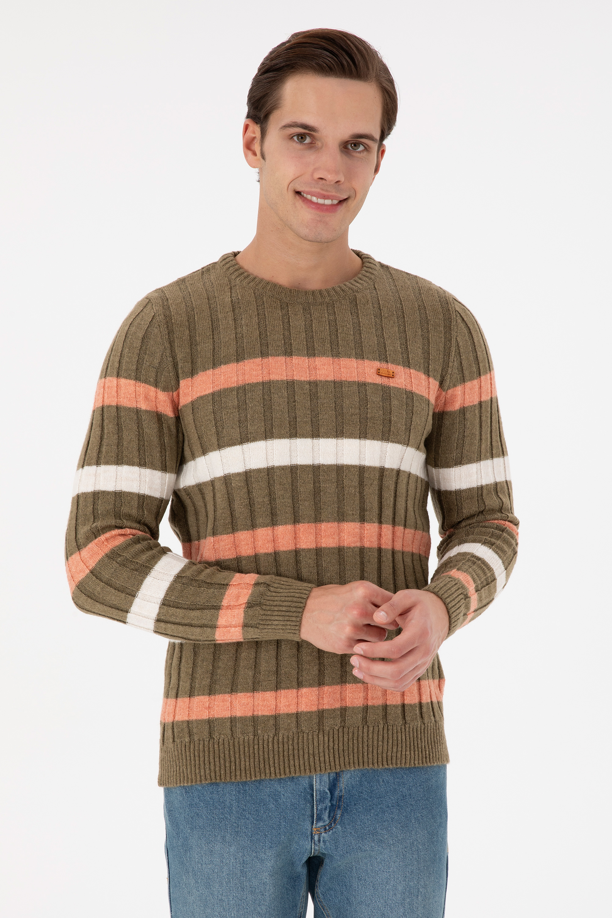 بافت یقه گرد خاکی رگولار آستین بلند مردانه یو اس پولو | US POLO ASSN