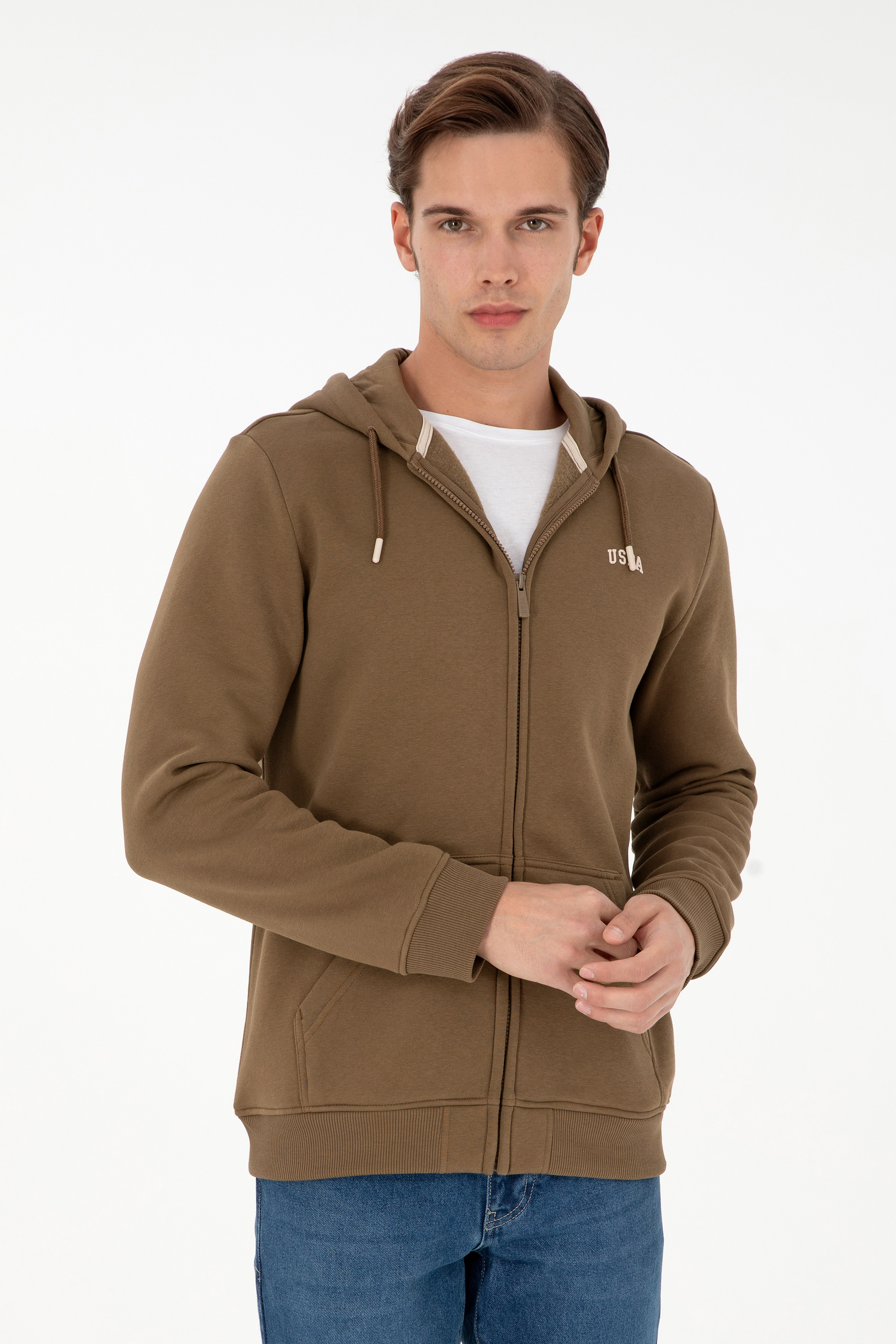 ژاکت هودی خاکی رگولار آستین بلند مردانه یو اس پولو | US POLO ASSN