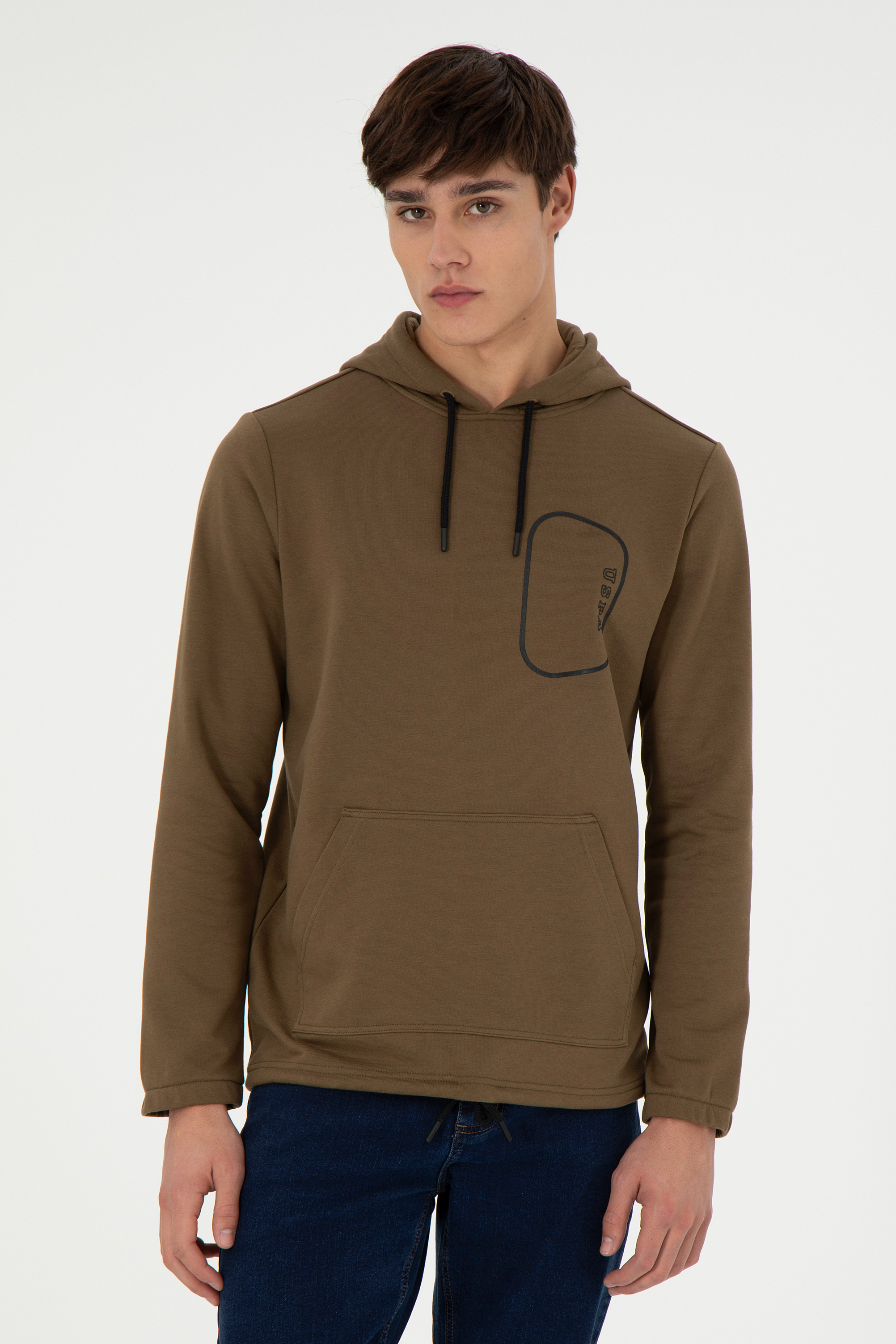 سویشرت هودی خاکی رگولار آستین بلند مردانه یو اس پولو | US POLO ASSN