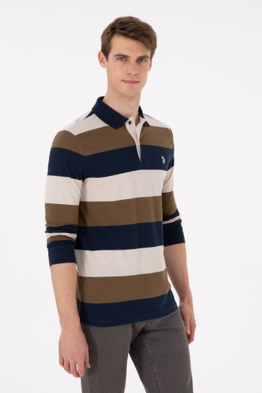 سویشرت یقه پیراهنی خاکی  رگولار آستین بلند مردانه یو اس پولو | US POLO ASSN