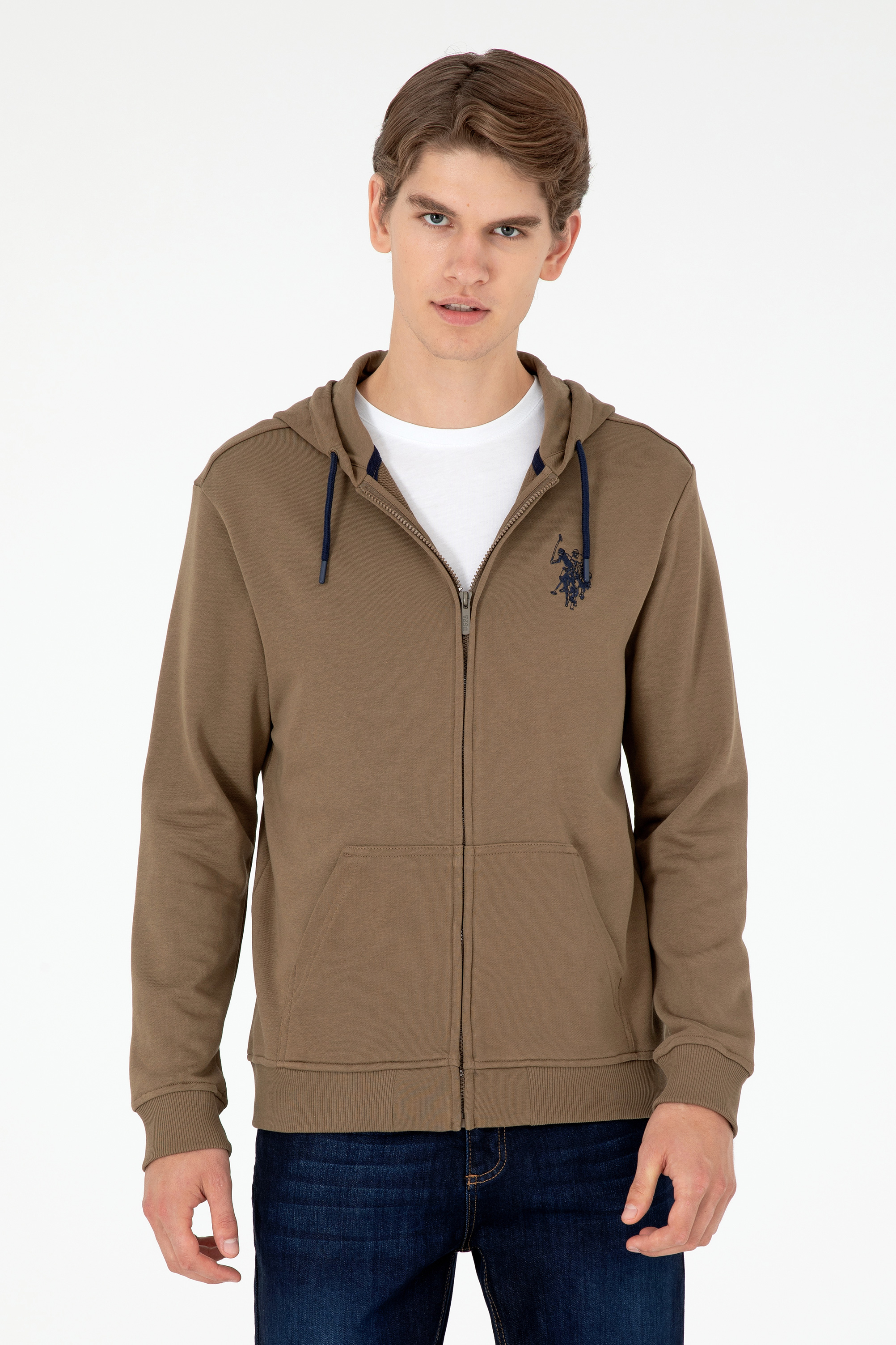 ژاکت هودی خاکی رگولار آستین بلند مردانه یو اس پولو | US POLO ASSN