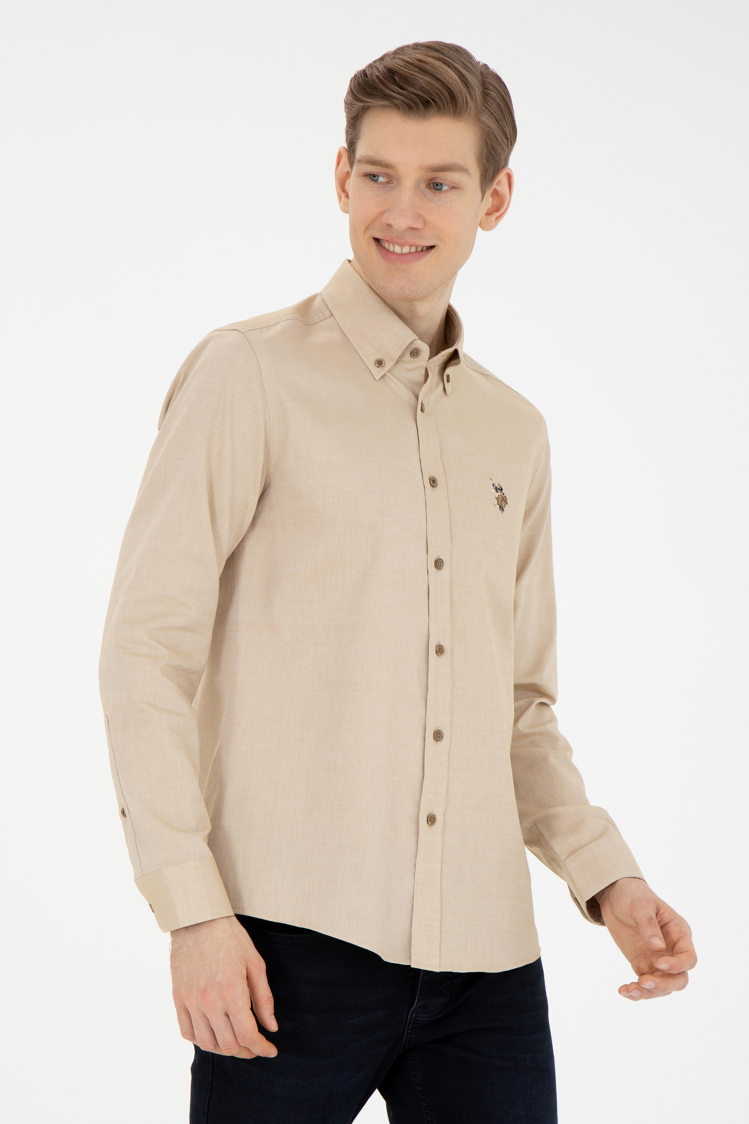 پیراهن خاکی روشن اندامی مردانه یو اس پولو | US POLO ASSN