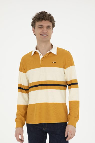 سویشرت یقه پولو خردلی  ریلکس آستین بلند مردانه یو اس پولو | US POLO ASSN