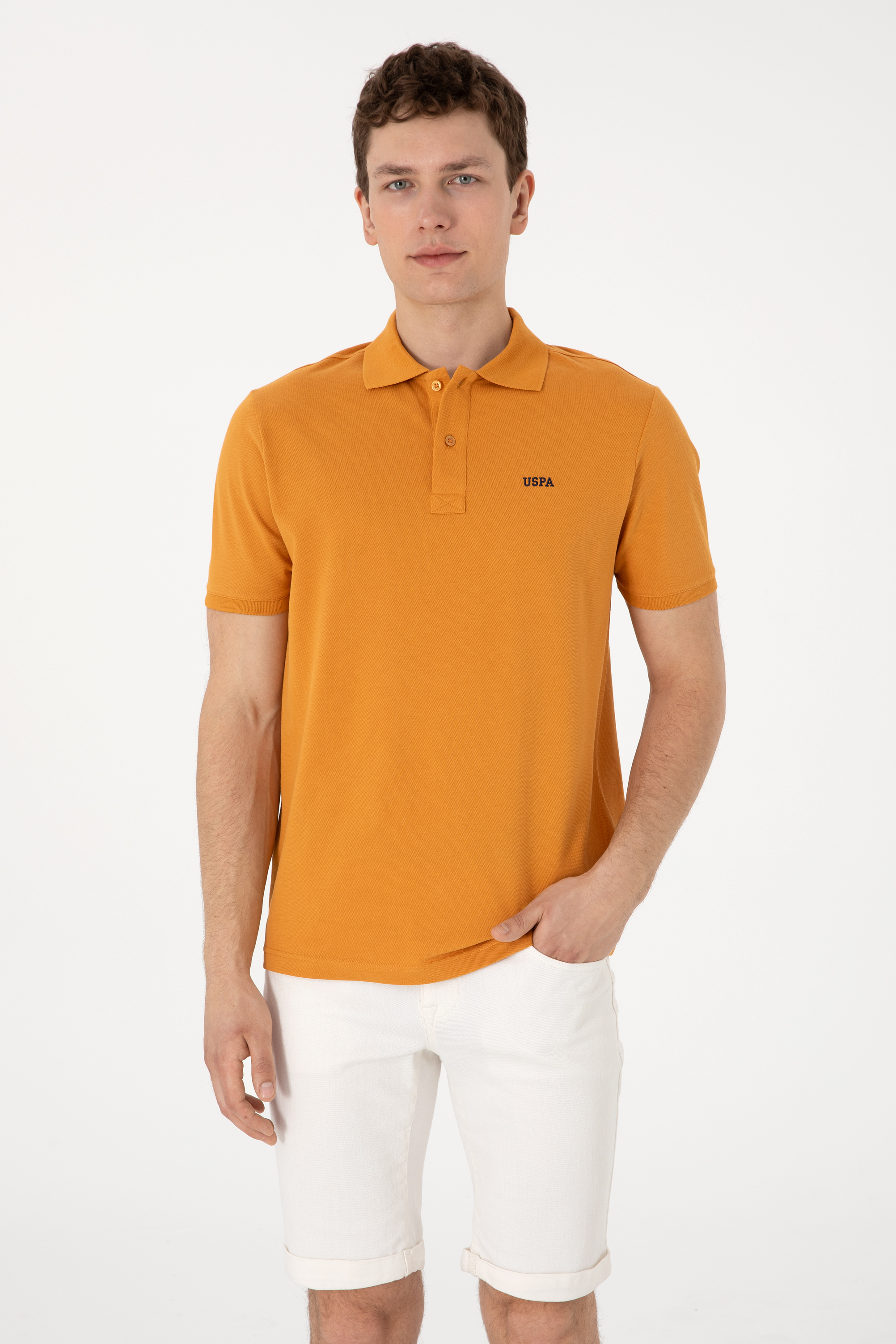 تی شرت بیسیک یقه پولو خردلی رگولار مردانه یو اس پولو | US POLO ASSN