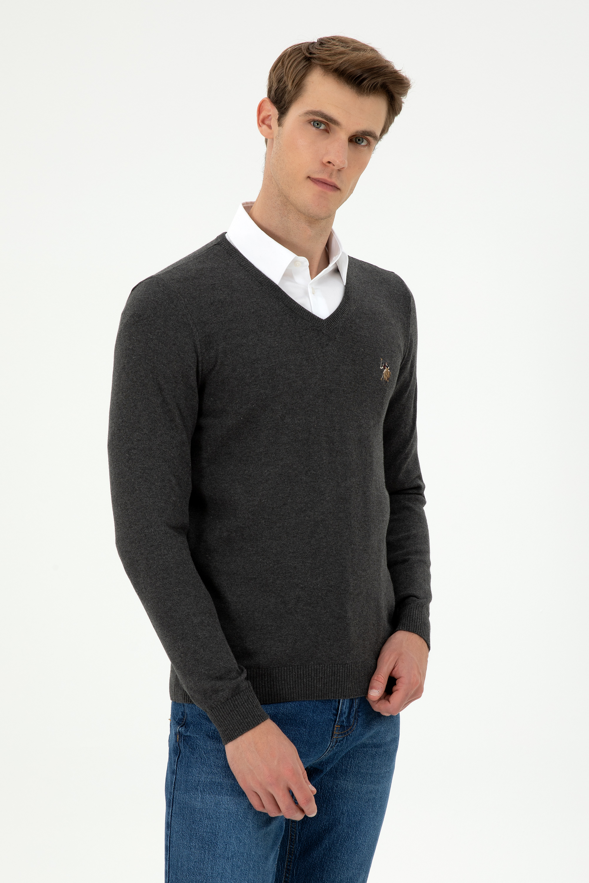 بافت بیسیک یقه هفت زغالی اندامی مردانه یو اس پولو | US POLO ASSN
