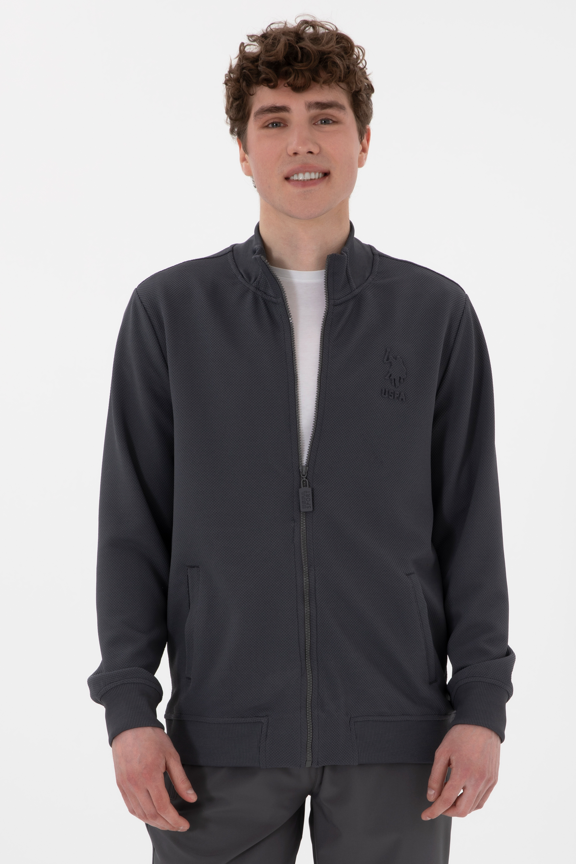ژاکت یقه ایستاده زغالی رگولار آستین بلند مردانه یو اس پولو | US POLO ASSN