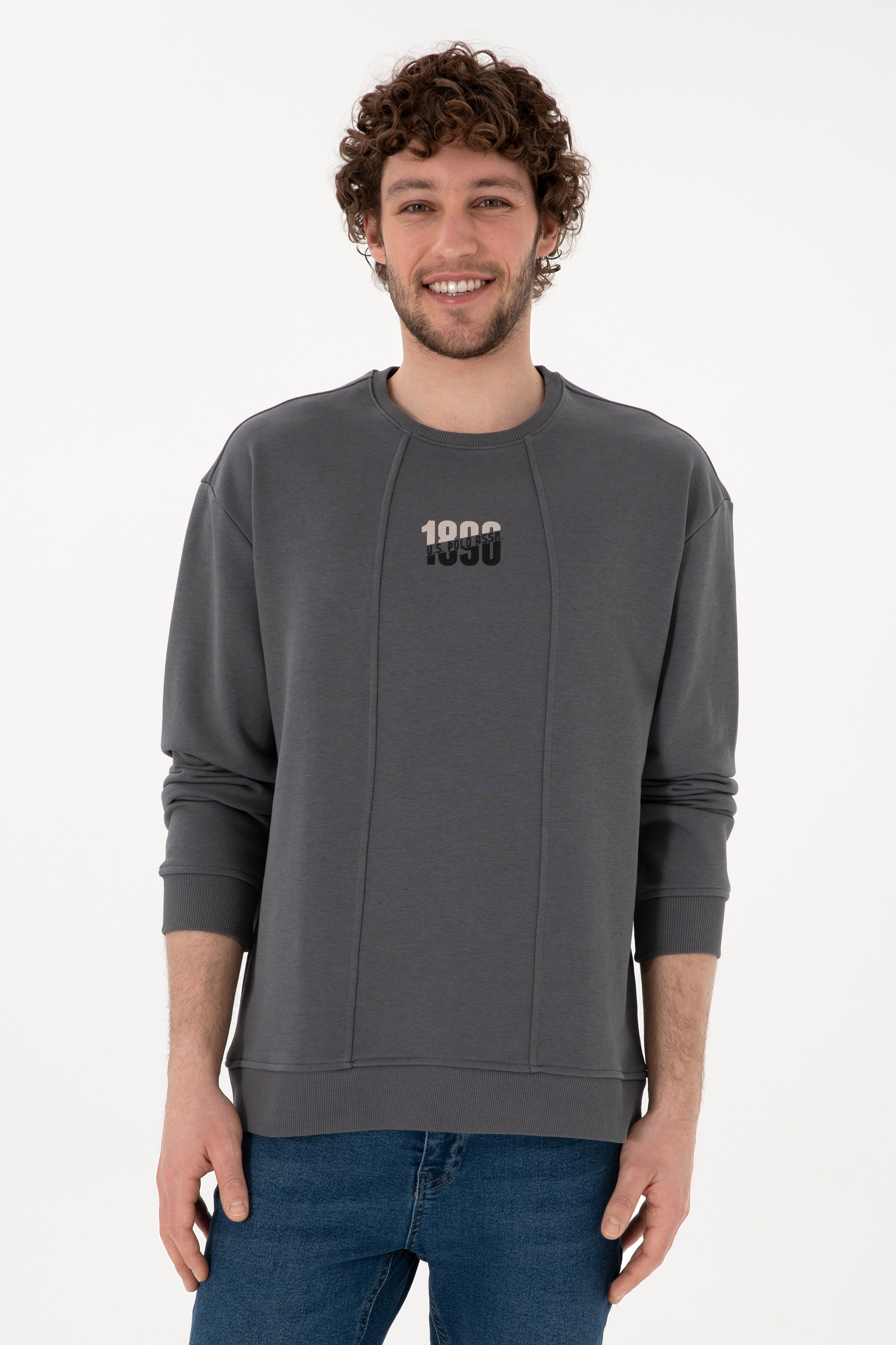 سویشرت یقه گرد زغالی ریلکس آستین بلند مردانه یو اس پولو | US POLO ASSN