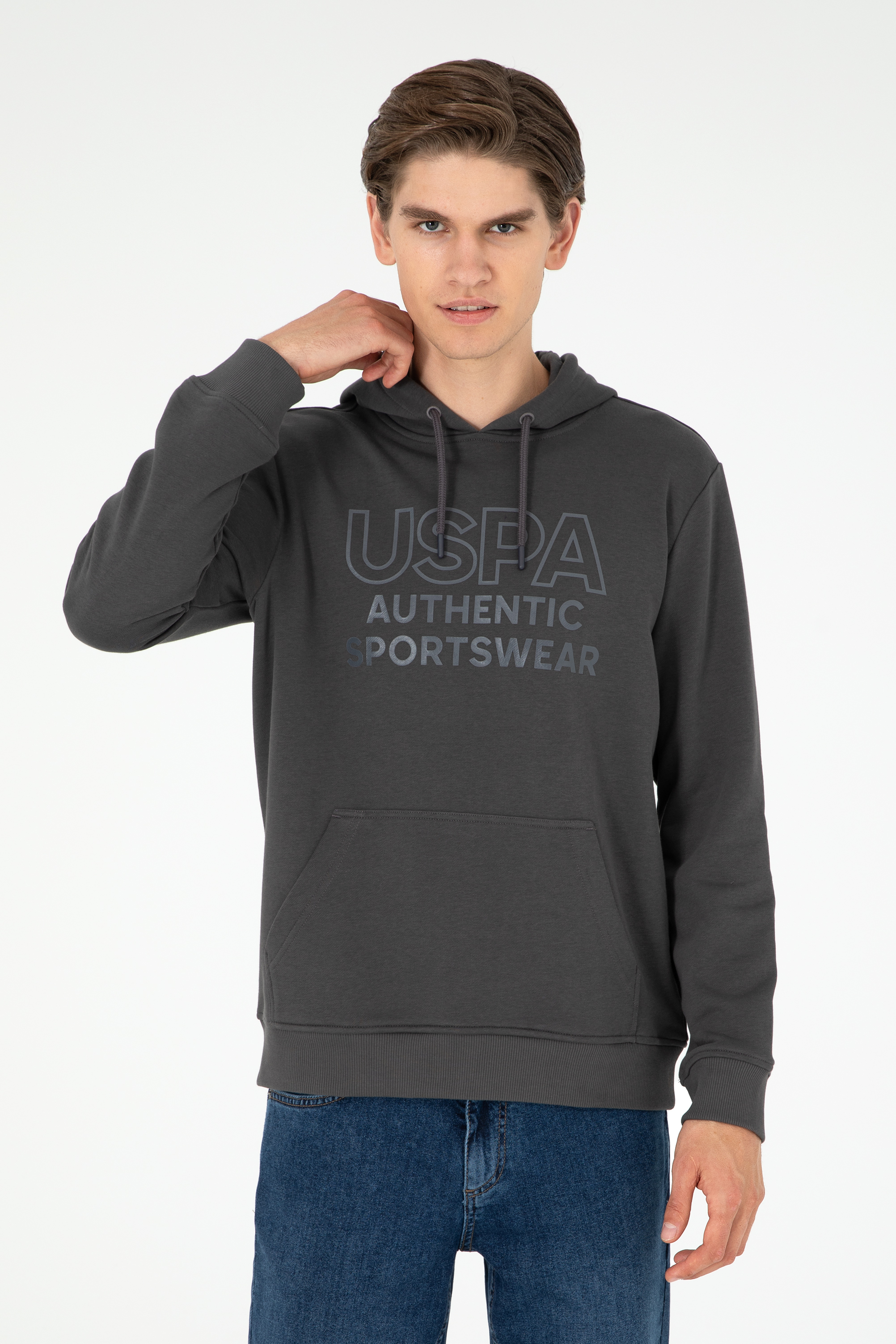سویشرت هودی زغالی رگولار آستین بلند مردانه یو اس پولو | US POLO ASSN