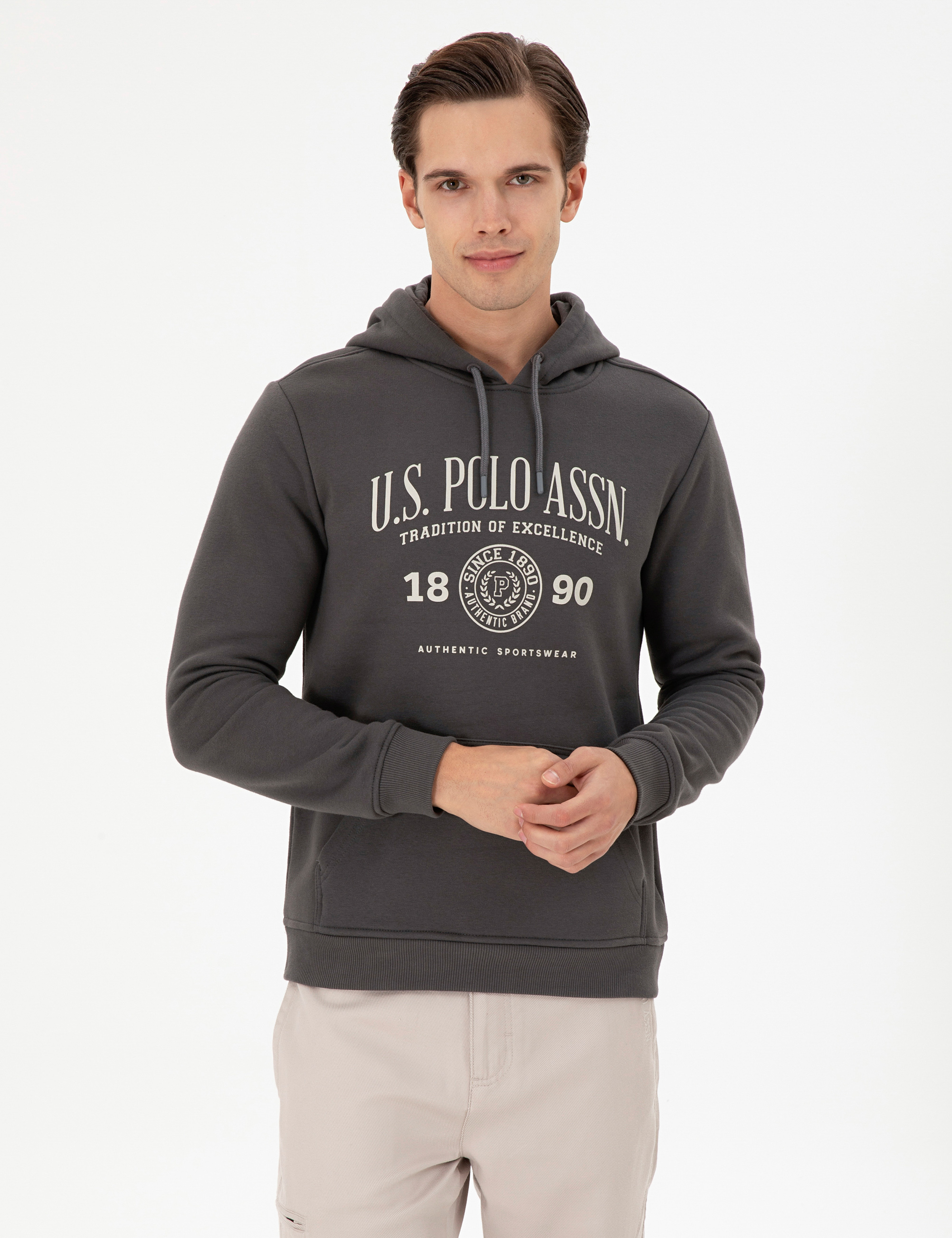 سویشرت هودی زغالی رگولار آستین بلند مردانه یو اس پولو | US POLO ASSN