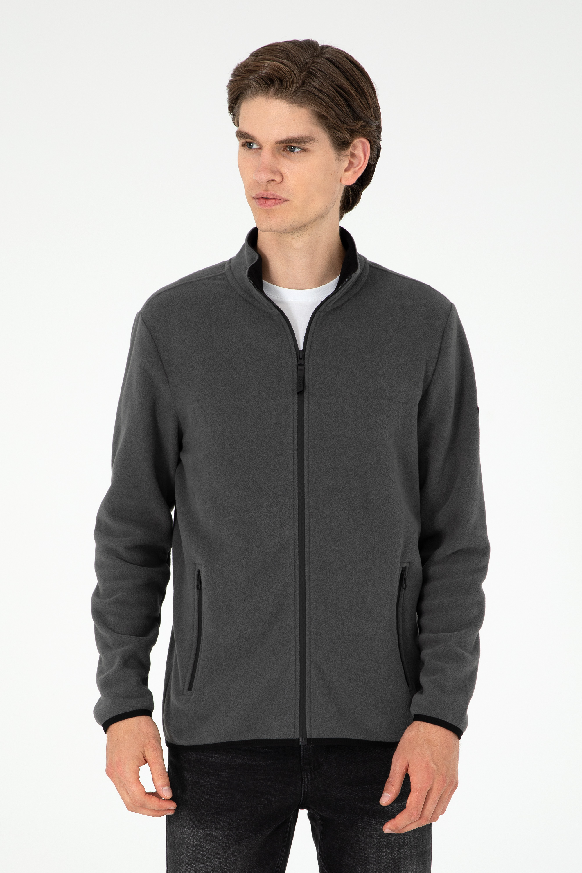 ژاکت پلار بیسیک یقه ایستاده زغالی رگولار مردانه یو اس پولو | US POLO ASSN