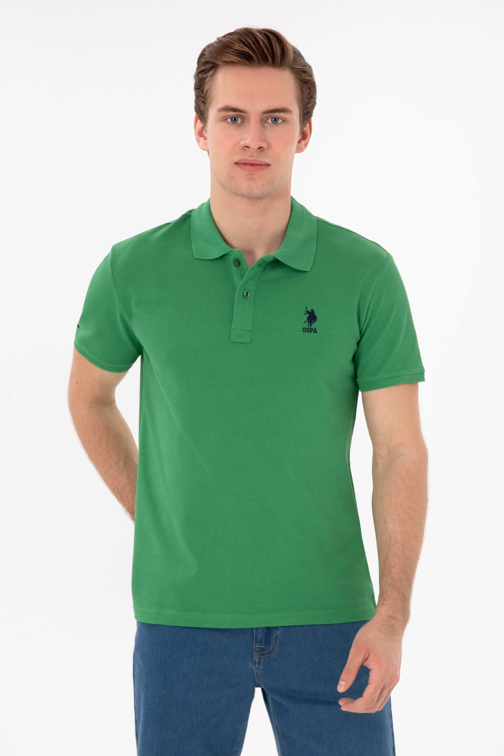 تی شرت بیسیک یقه پیراهنی سبز اندامی آستین کوتاه مردانه یو اس پولو | US POLO ASSN