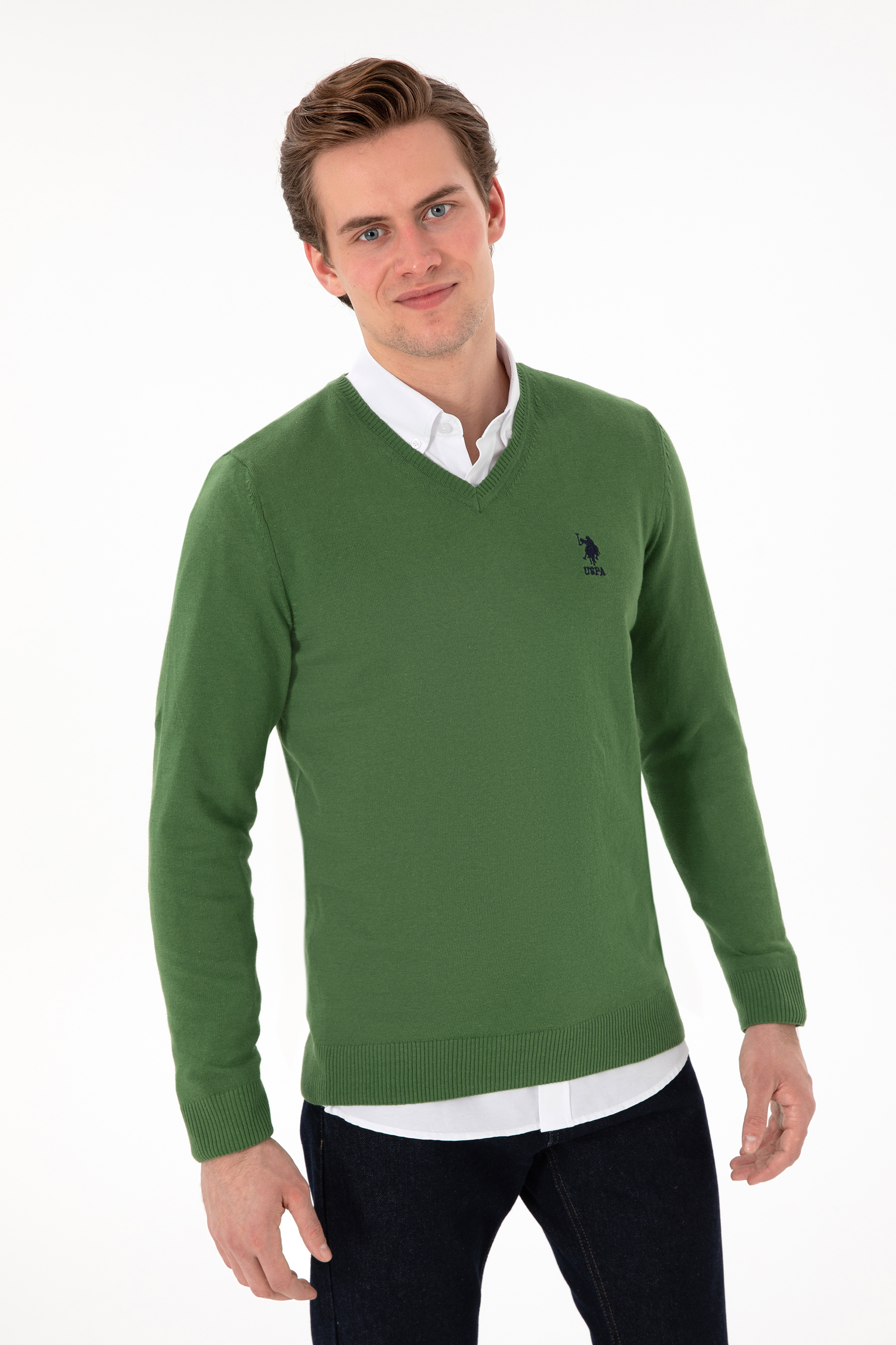 بافت بیسیک یقه هفت سبز اندامی آستین بلند مردانه یو اس پولو | US POLO ASSN
