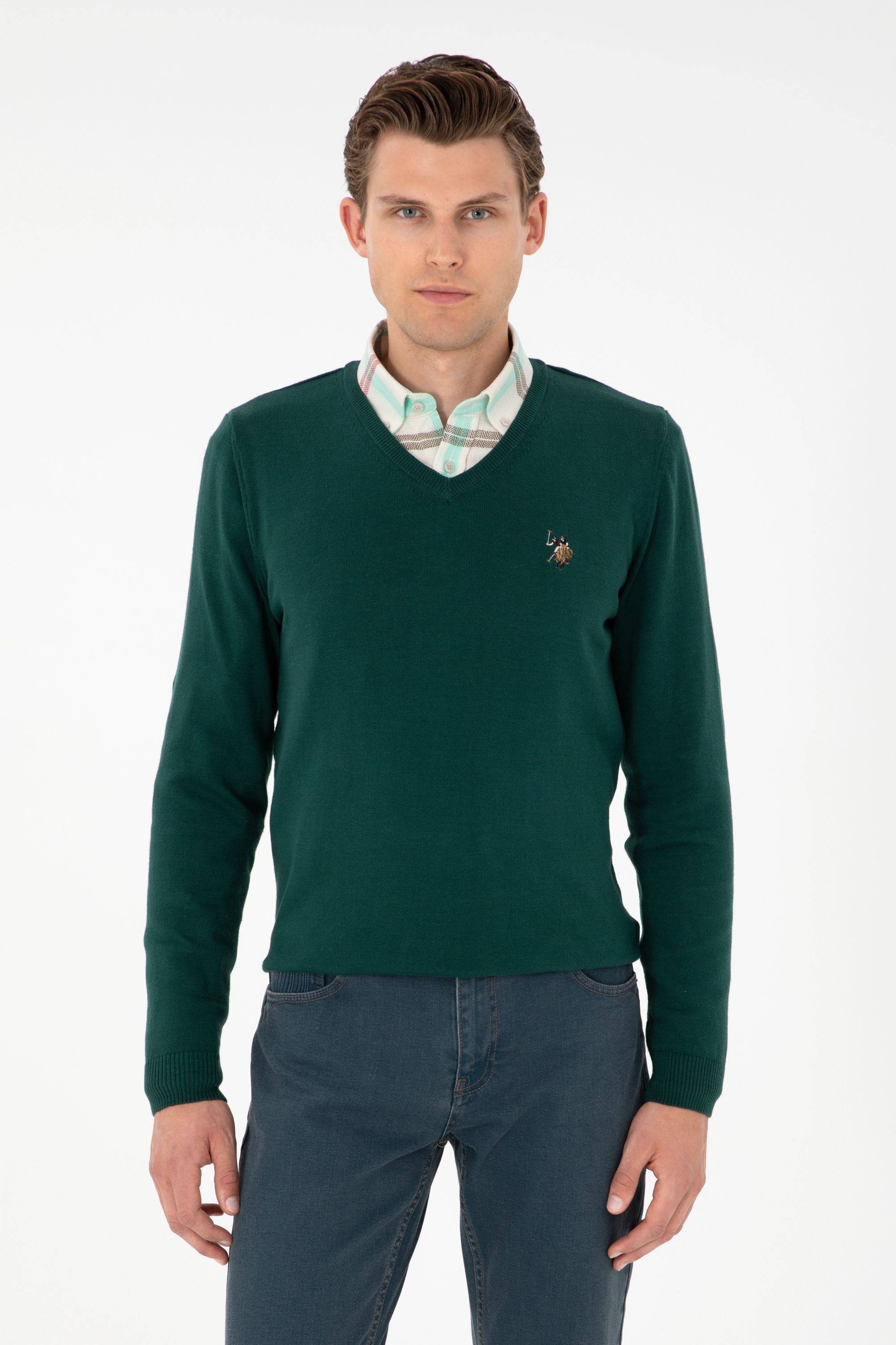 بافت بیسیک یقه هفت سبز اندامی مردانه یو اس پولو | US POLO ASSN