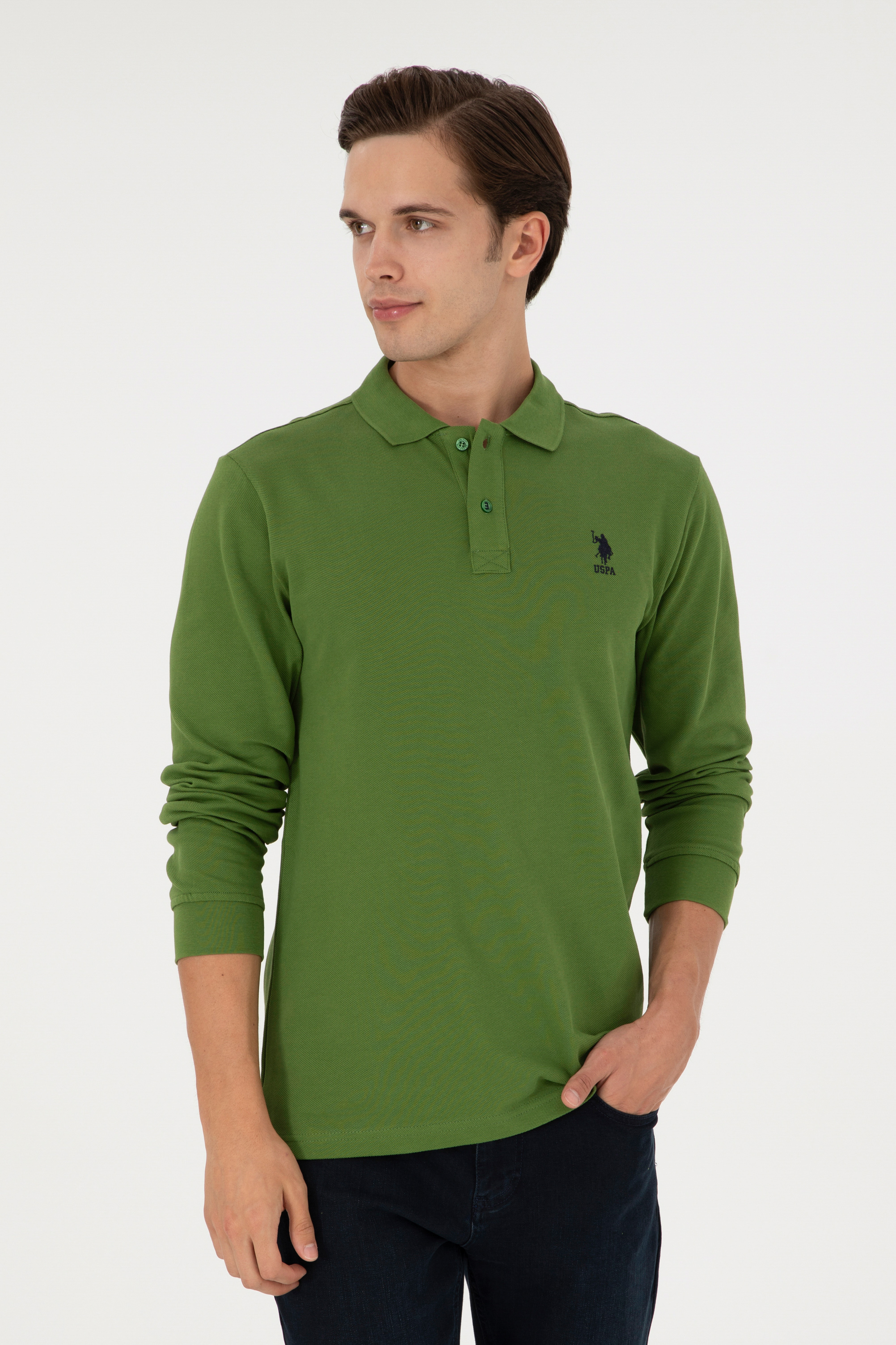 سویشرت بیسیک یقه پولو سبز اندامی مردانه یو اس پولو | US POLO ASSN