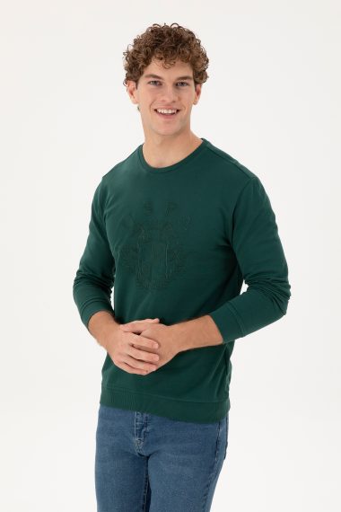 سویشرت یقه گرد سبز تیره  رگولار آستین بلند مردانه یو اس پولو | US POLO ASSN