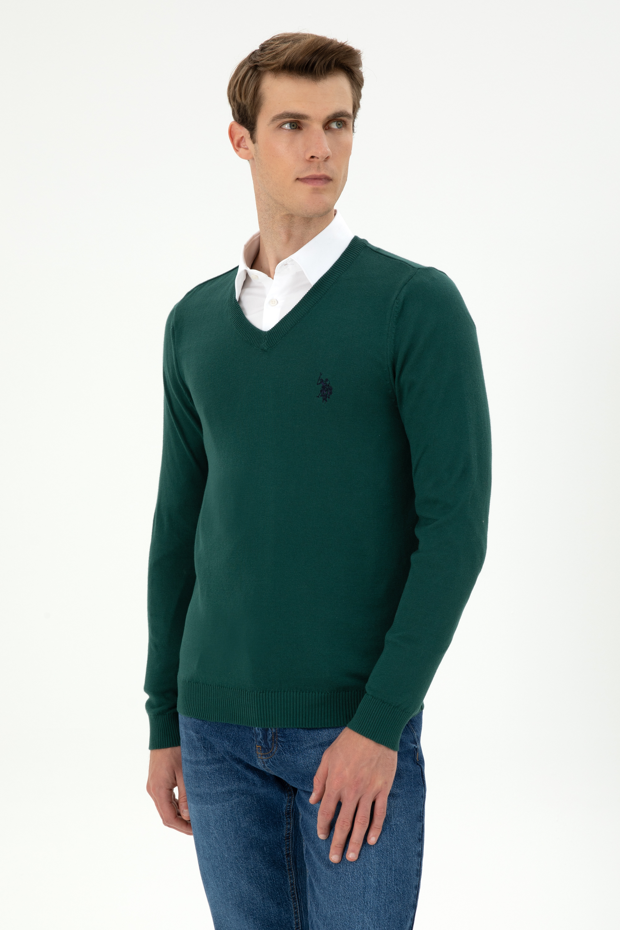 بافت بیسیک یقه هفت سبز تیره اندامی مردانه یو اس پولو | US POLO ASSN
