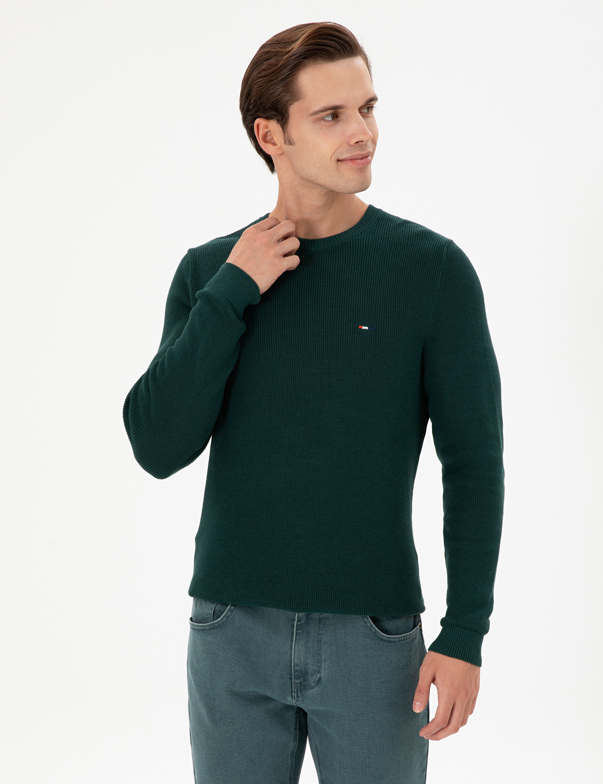 بافت بیسیک یقه گرد سبز تیره اندامی مردانه یو اس پولو | US POLO ASSN