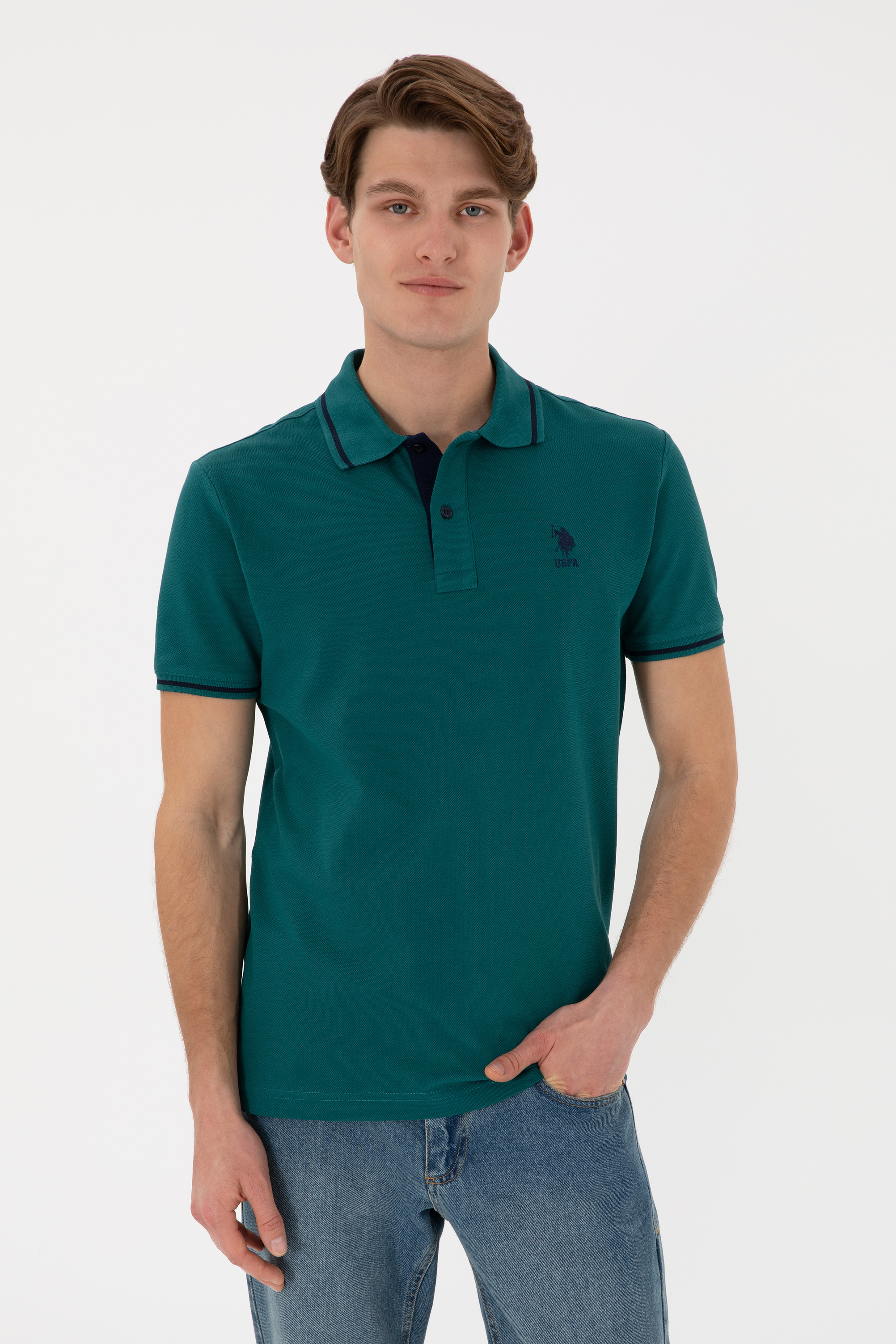 تی شرت بیسیک سبز تیره اندامی مردانه یو اس پولو | US POLO ASSN