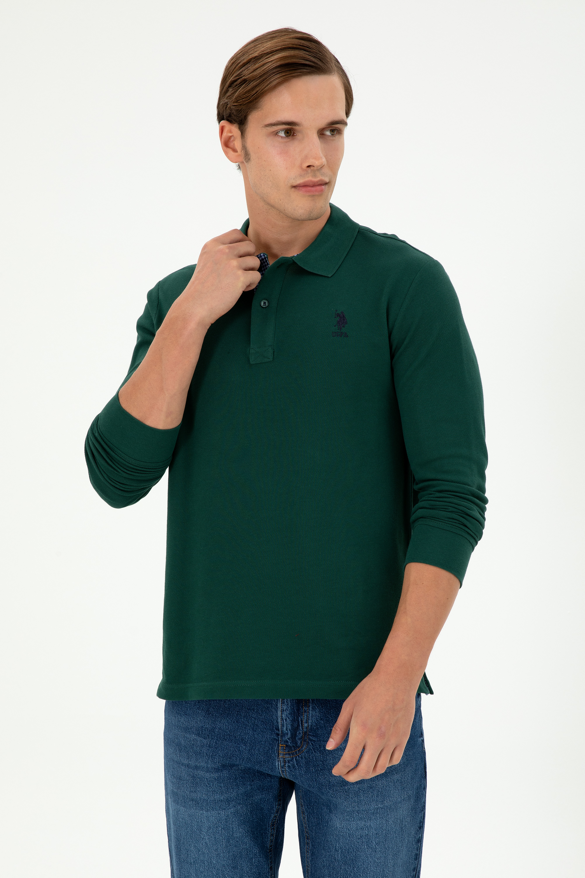 سویشرت بیسیک یقه پولو سبز تیره رگولار مردانه یو اس پولو | US POLO ASSN