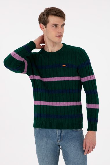 بافت یقه گرد سبز تیره  رگولار آستین بلند مردانه یو اس پولو | US POLO ASSN