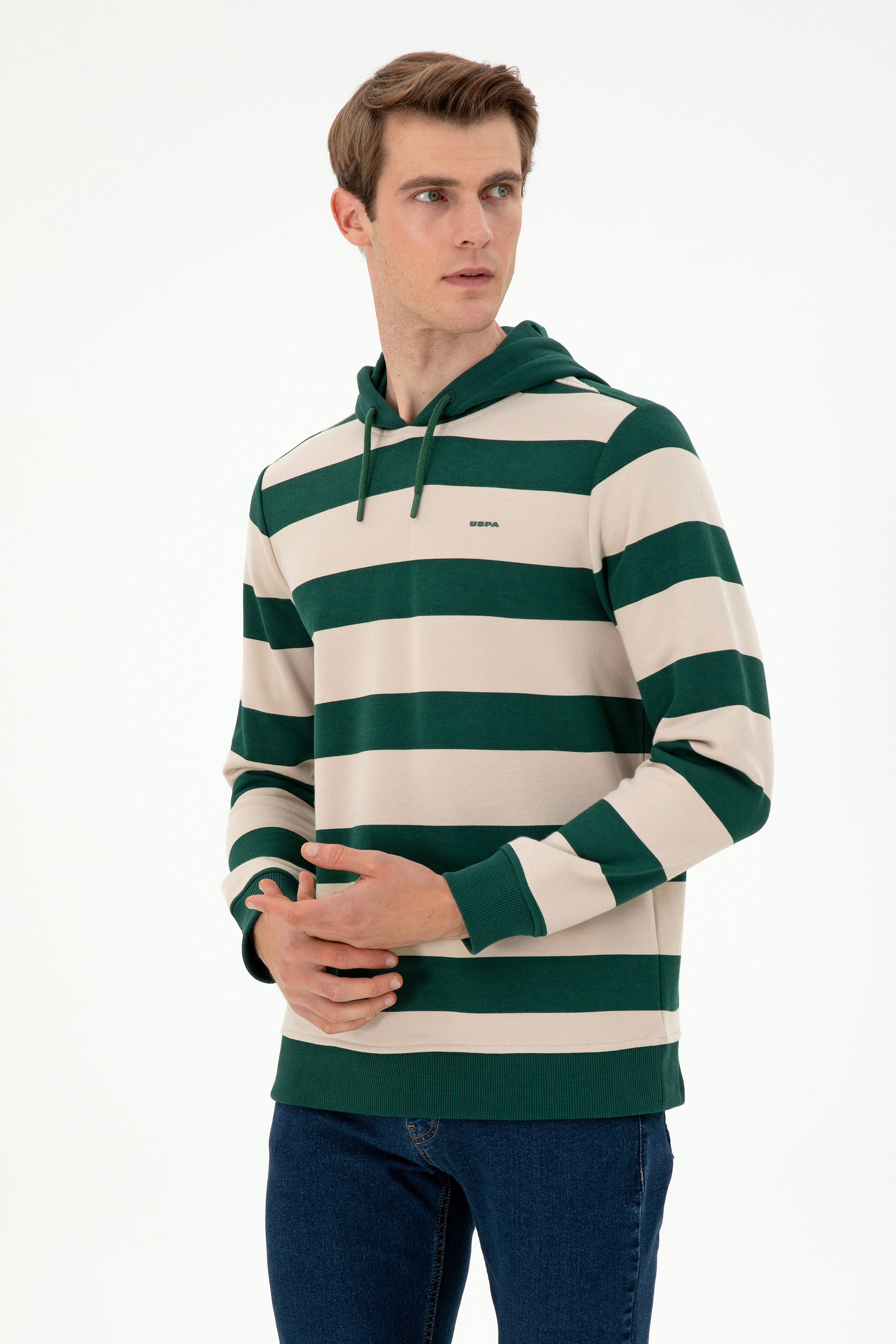 سویشرت هودی سبز تیره رگولار آستین بلند مردانه یو اس پولو | US POLO ASSN