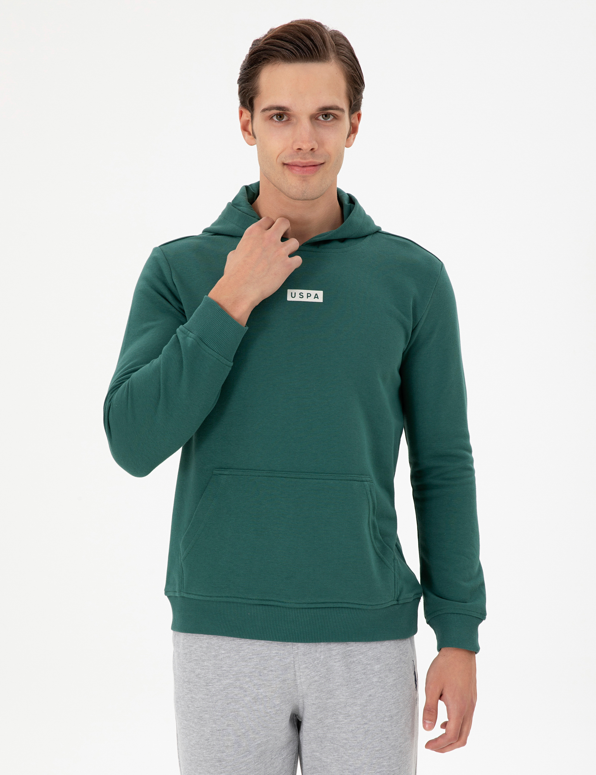 سویشرت هودی سبز تیره رگولار آستین بلند مردانه یو اس پولو | US POLO ASSN