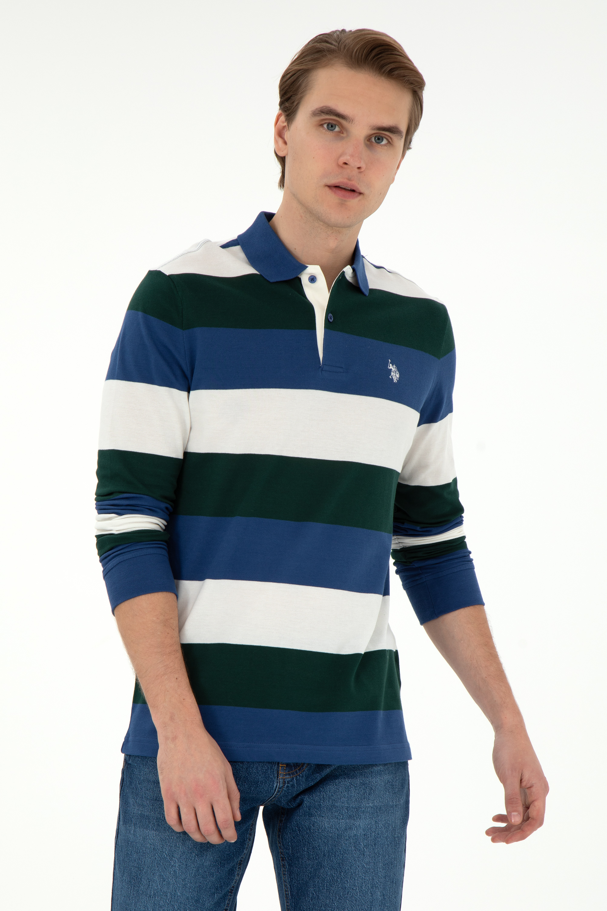 سویشرت یقه پیراهنی سبز تیره رگولار آستین بلند مردانه یو اس پولو | US POLO ASSN
