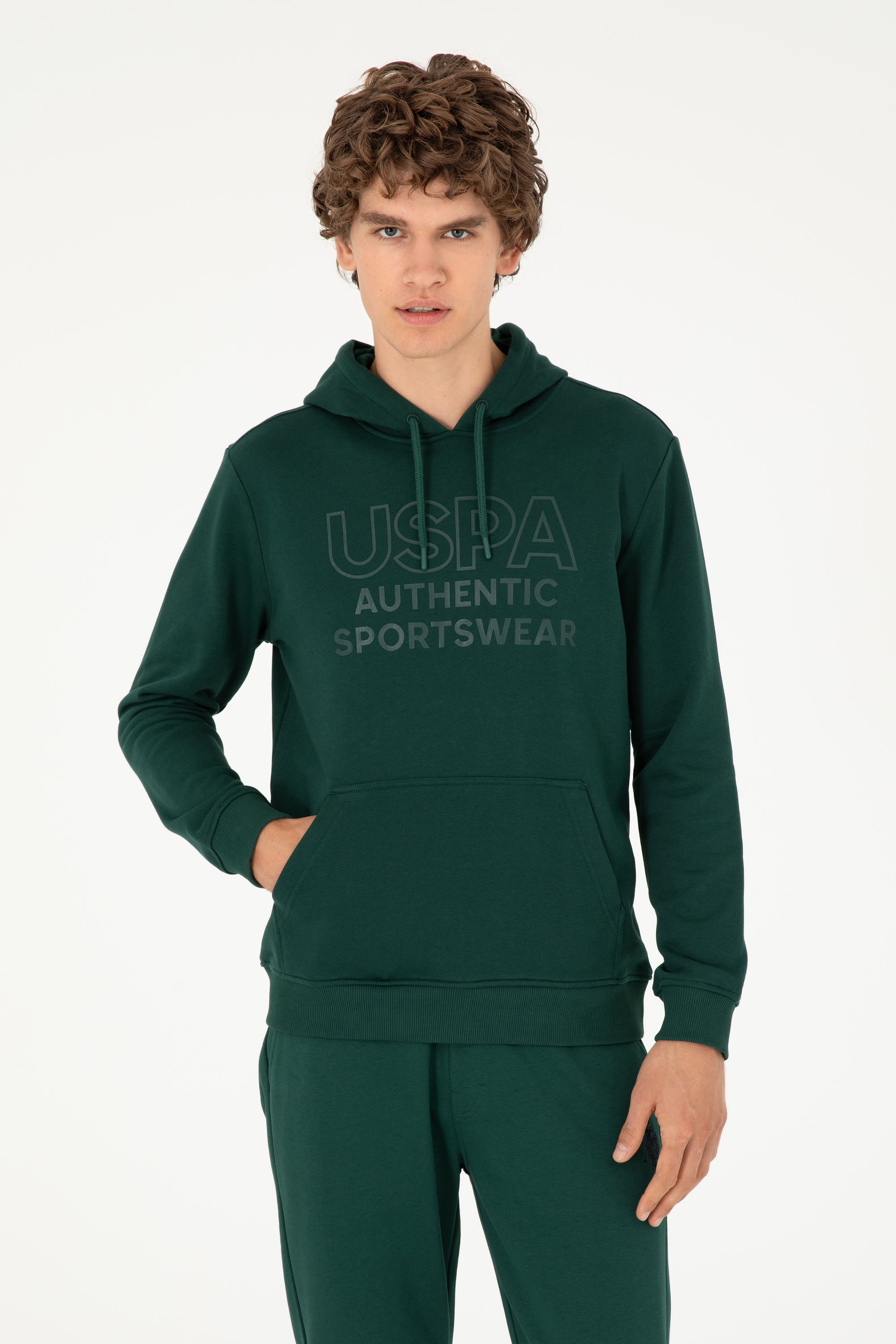 سویشرت هودی سبز تیره رگولار آستین بلند مردانه یو اس پولو | US POLO ASSN