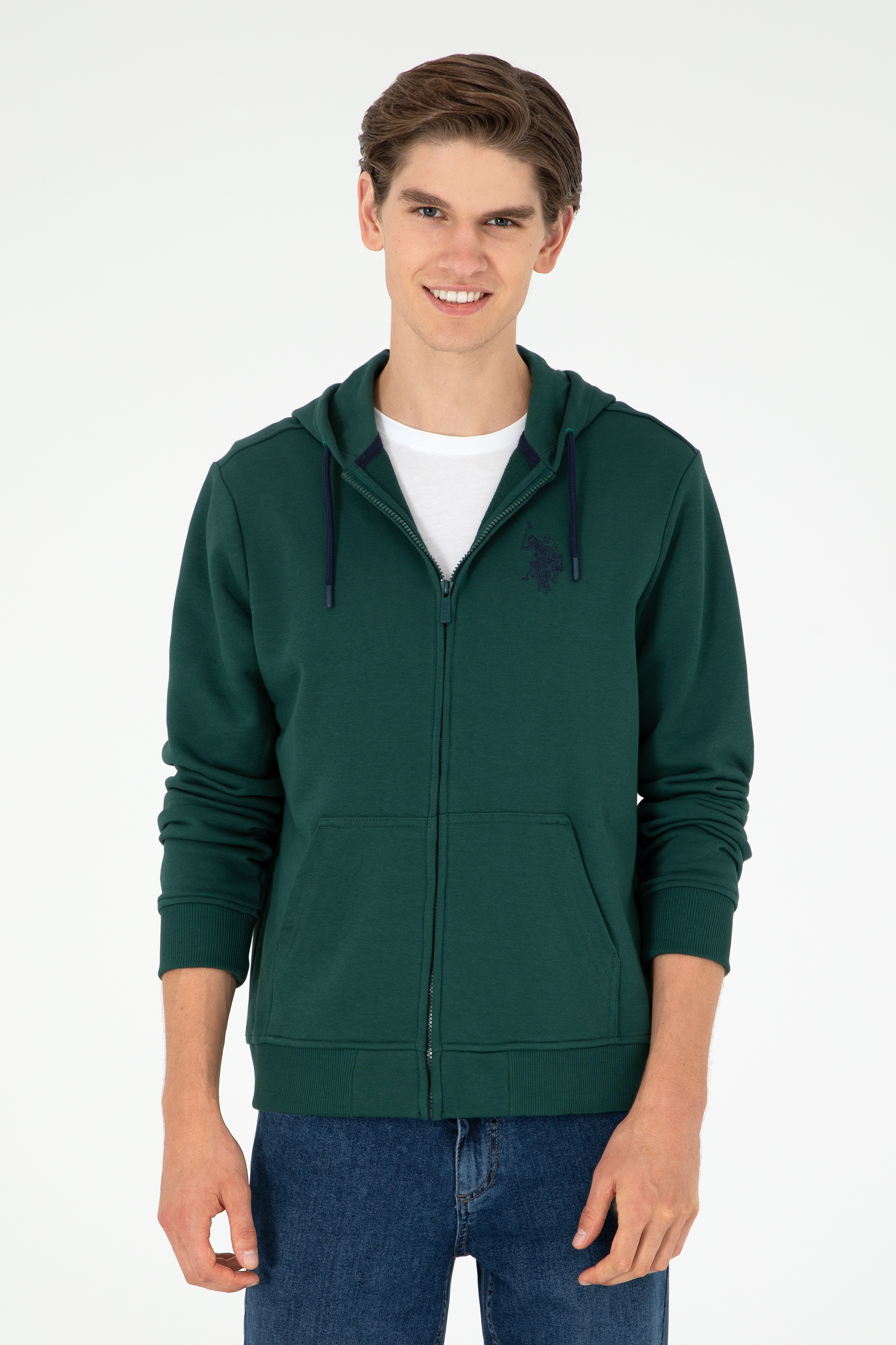 ژاکت هودی سبز تیره رگولار آستین بلند مردانه یو اس پولو | US POLO ASSN