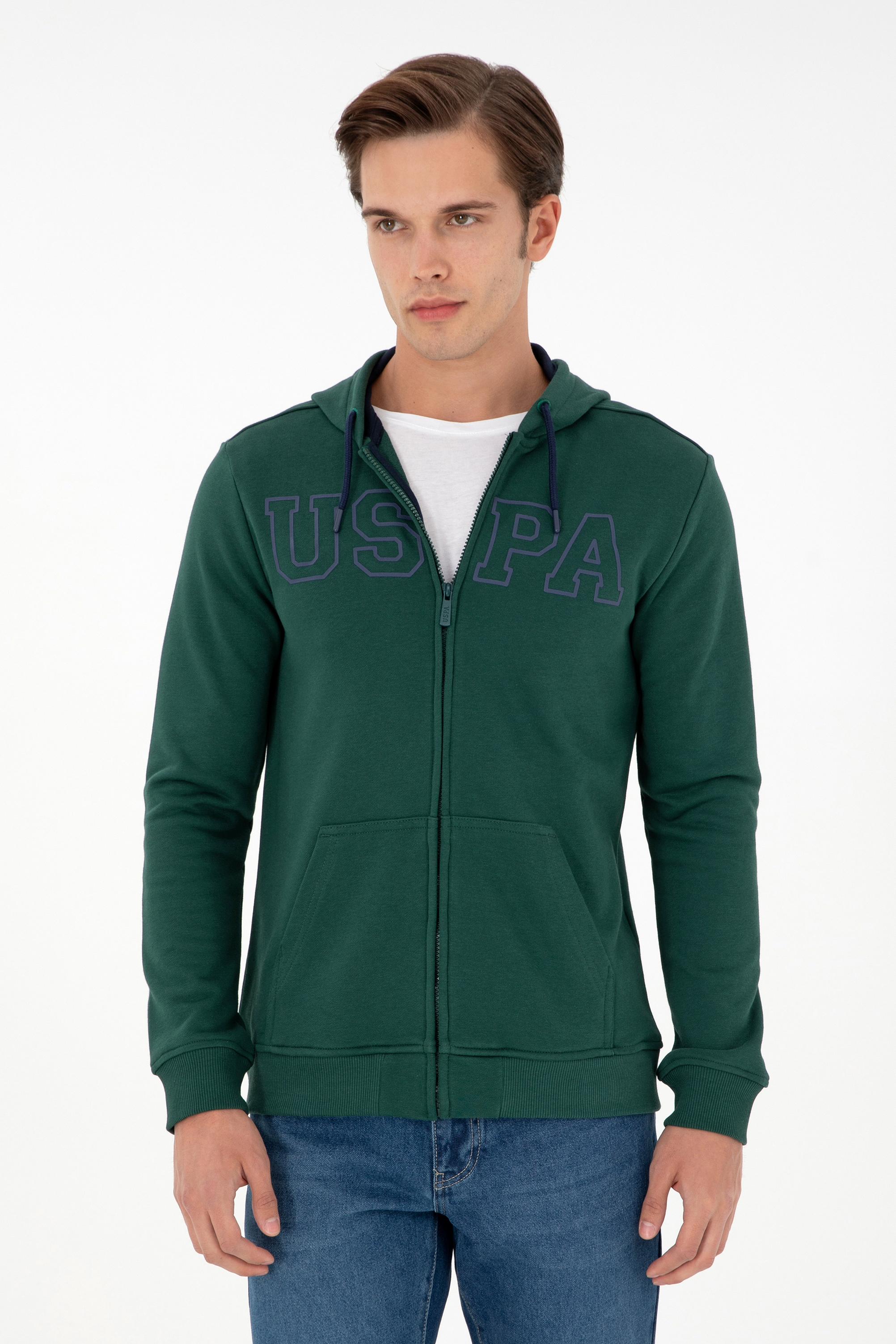 ژاکت هودی سبز تیره رگولار آستین بلند مردانه یو اس پولو | US POLO ASSN
