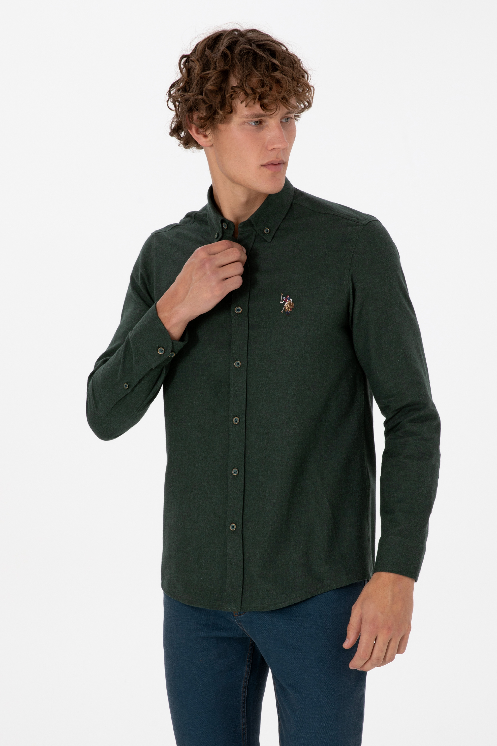 پیراهن سبز تیره اندامی مردانه یو اس پولو | US POLO ASSN